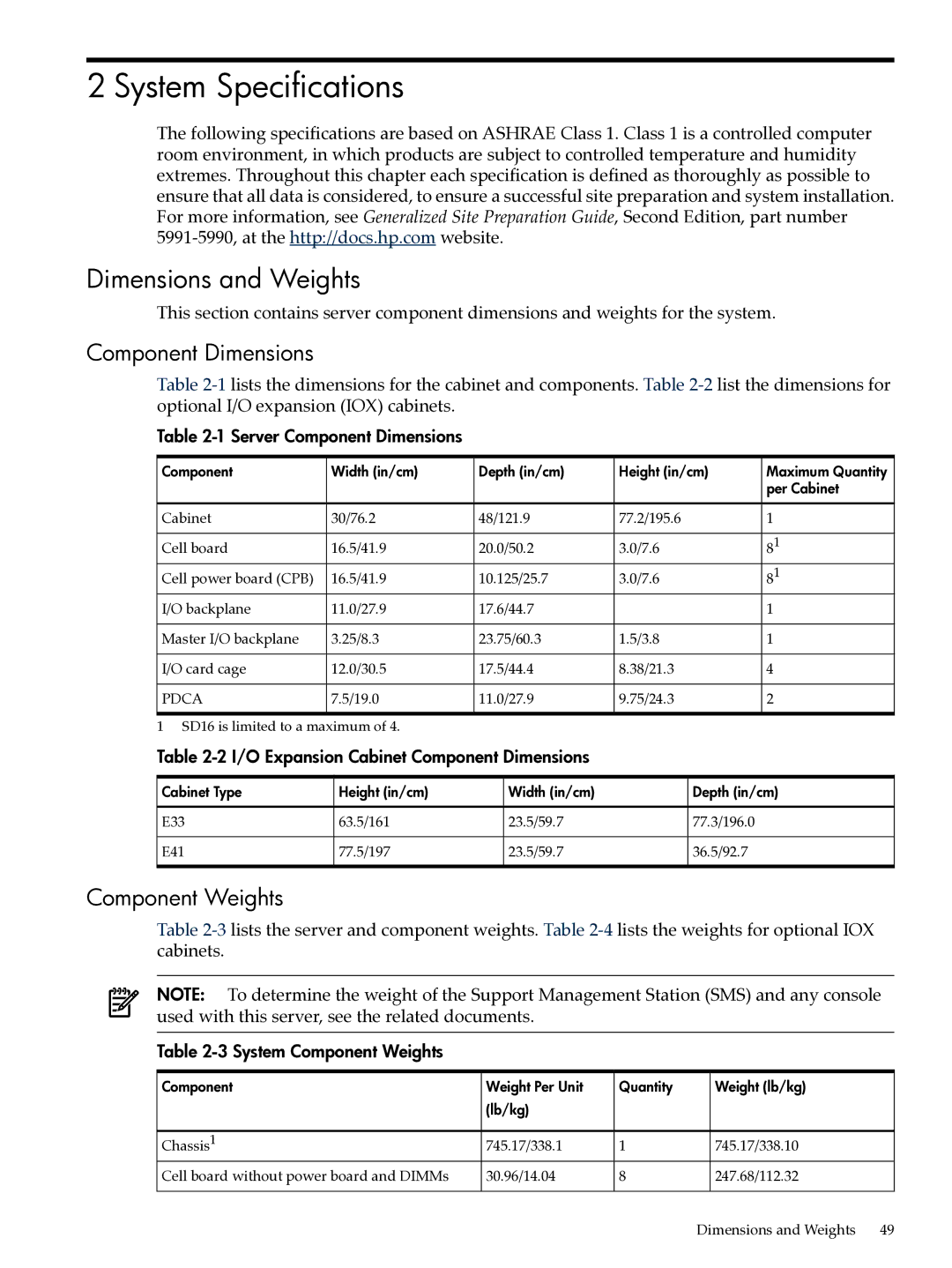 HP Integrity Superdome and 9000 Superdome sx2000 manual System Specifications, Dimensions and Weights, Component Dimensions 