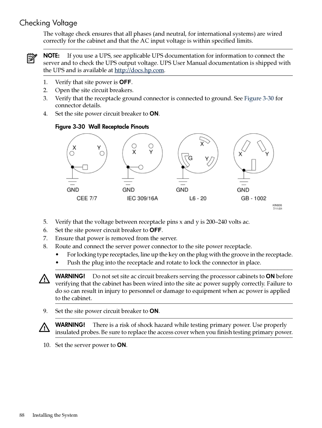 HP Integrity Superdome and 9000 Superdome sx2000 manual Checking Voltage, Wall Receptacle Pinouts 