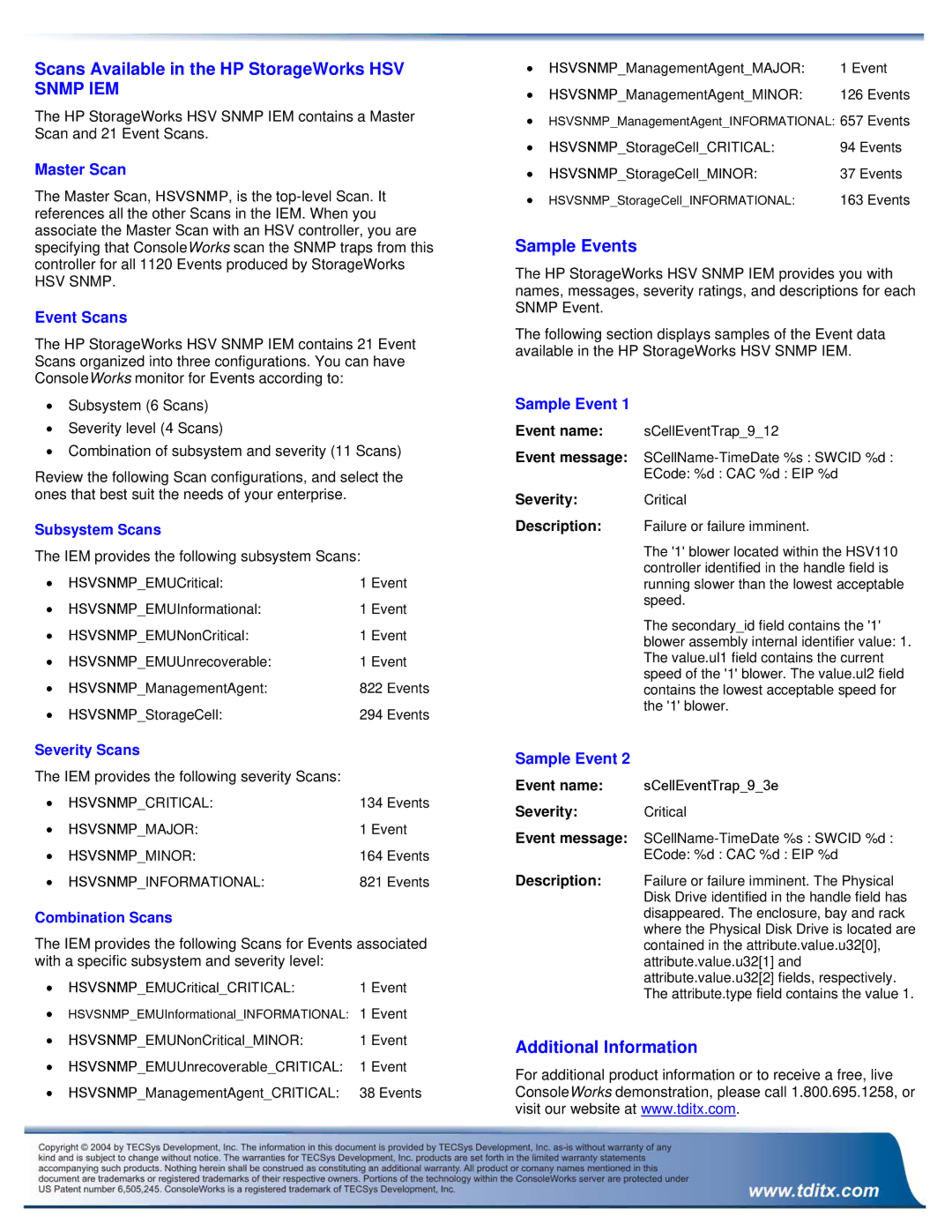 HP Intelligent Event Module Scans Available in the HP StorageWorks HSV Snmp IEM, Sample Events, Additional Information 