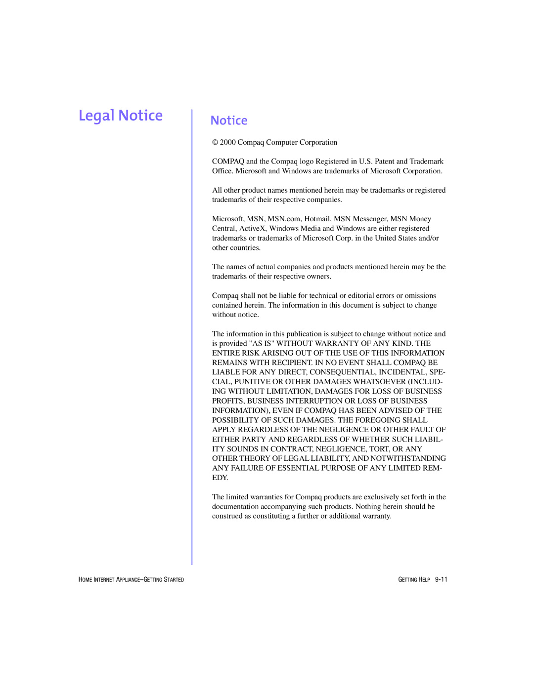 HP Internet Appliances manual Legal Notice 