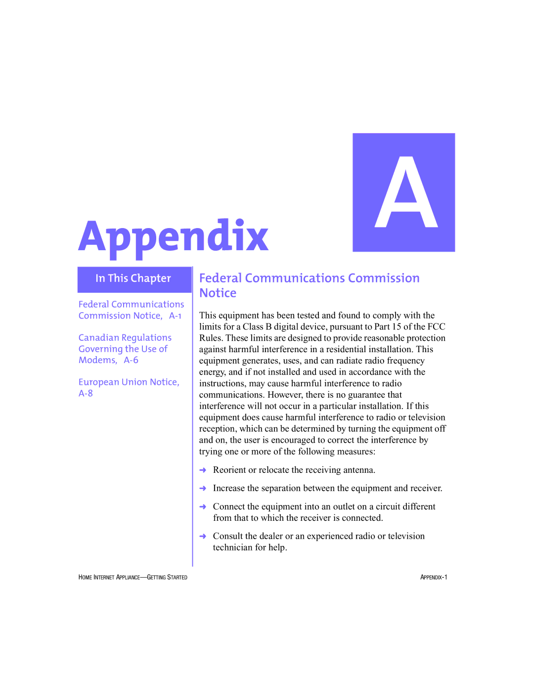 HP Internet Appliances manual Appendix, Federal Communications Commission Notice 