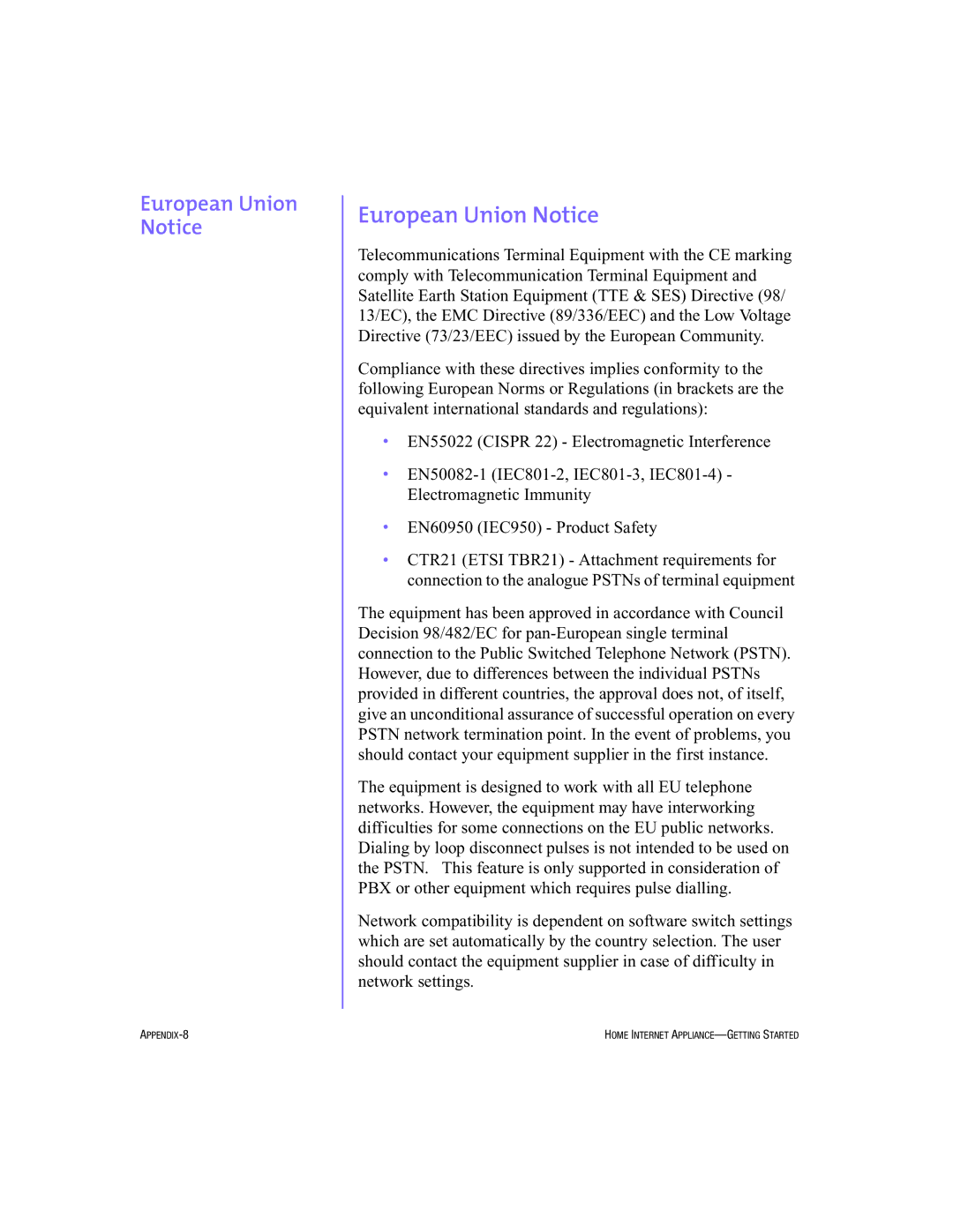 HP Internet Appliances manual European Union Notice 