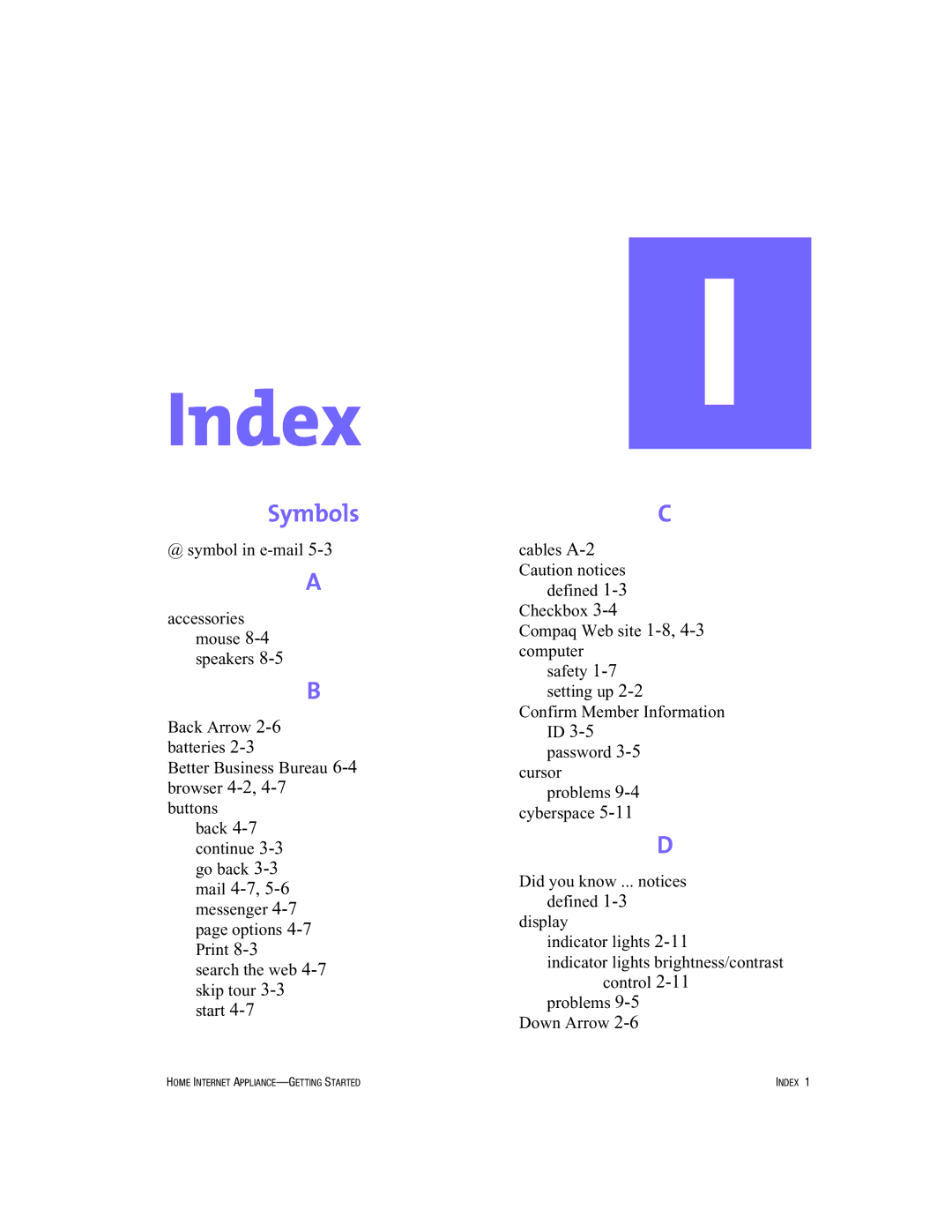 HP Internet Appliances manual Index, Symbols 