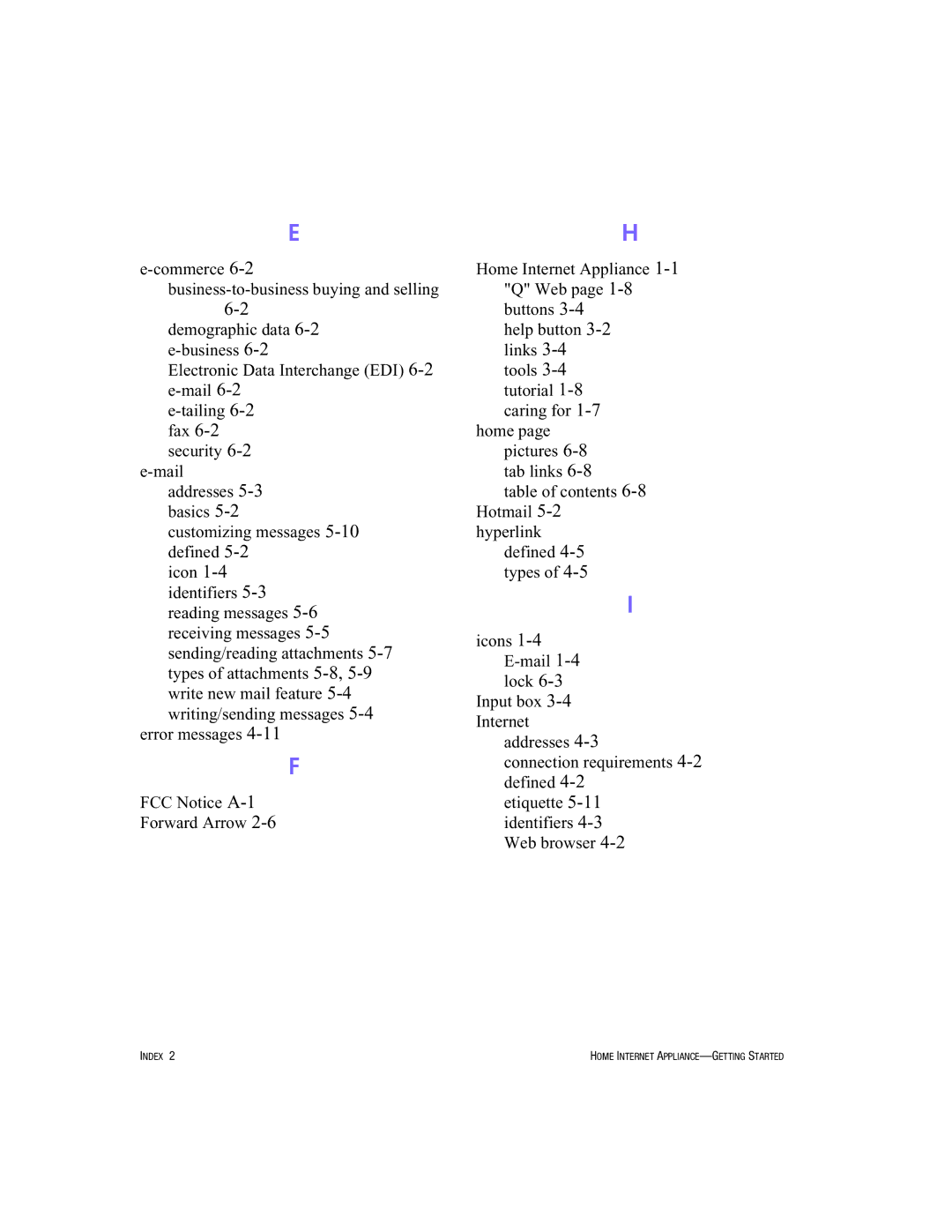 HP Internet Appliances manual Index 