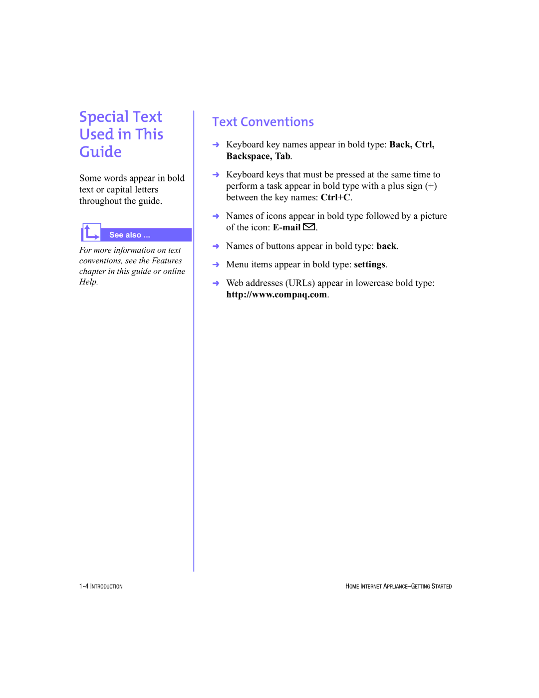 HP Internet Appliances manual Special Text Used in This Guide, Text Conventions 