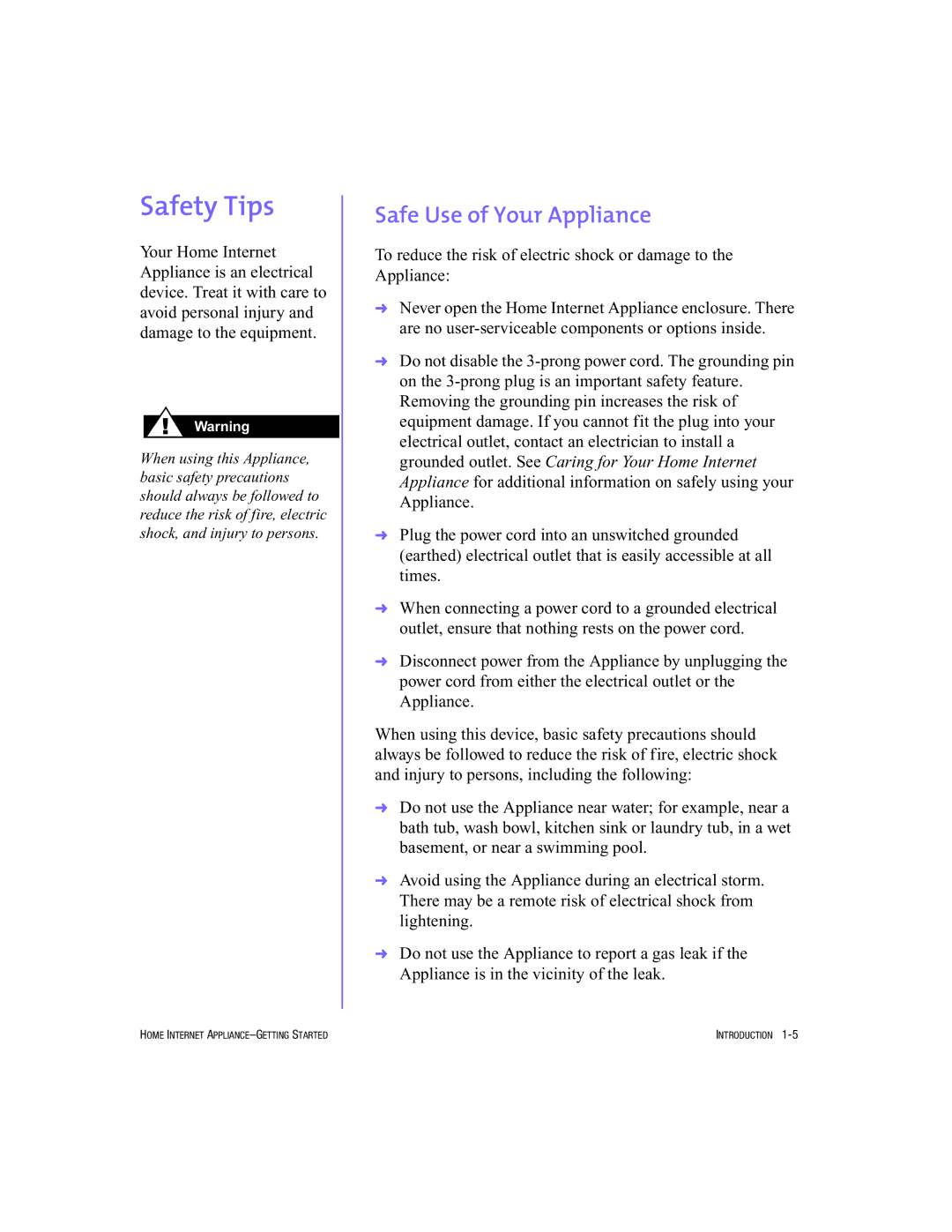 HP Internet Appliances manual Safety Tips, Safe Use of Your Appliance 