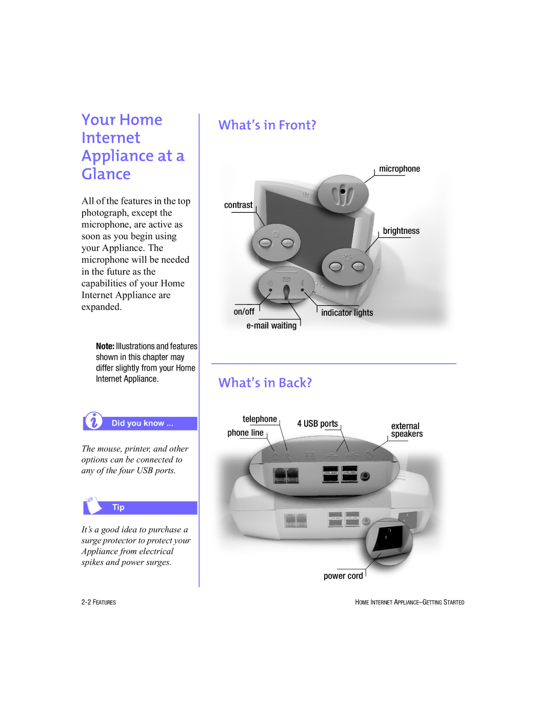 HP Internet Appliances manual Your Home Internet Appliance at a Glance, What’s in Front? What’s in Back? 