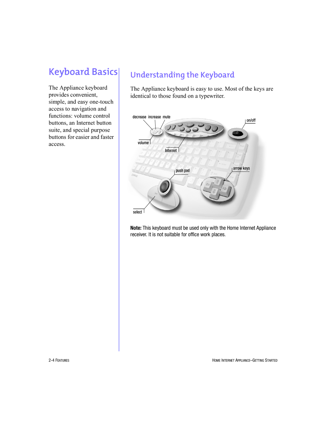 HP Internet Appliances manual Keyboard Basics, Understanding the Keyboard 