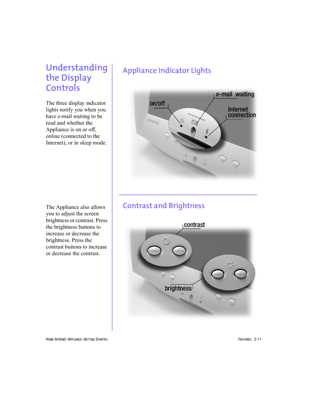 HP Internet Appliances manual Understanding Display Controls, Appliance Indicator Lights Contrast and Brightness 