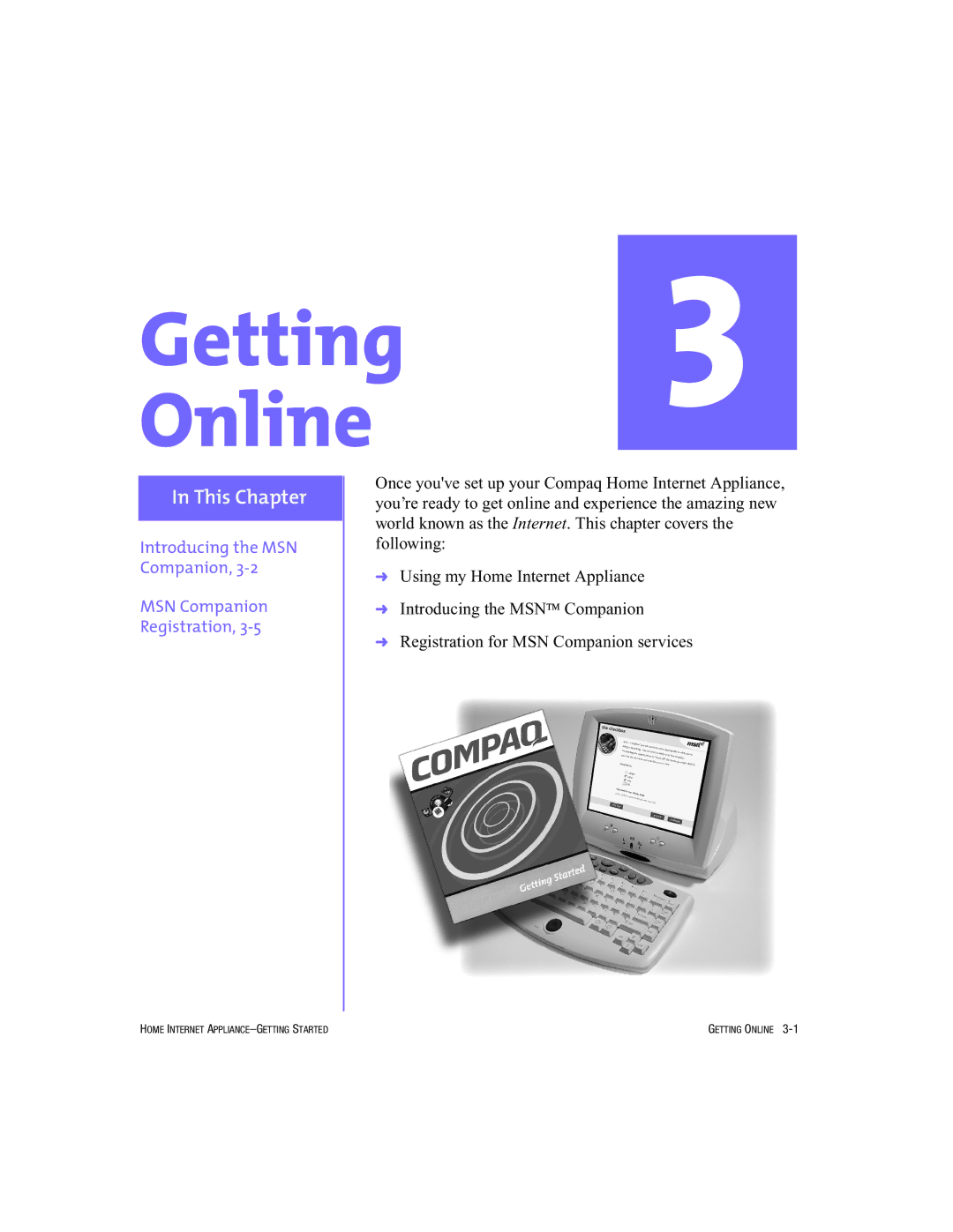 HP Internet Appliances manual Getting 3 Online, Introducing the MSN Companion MSN Companion Registration 