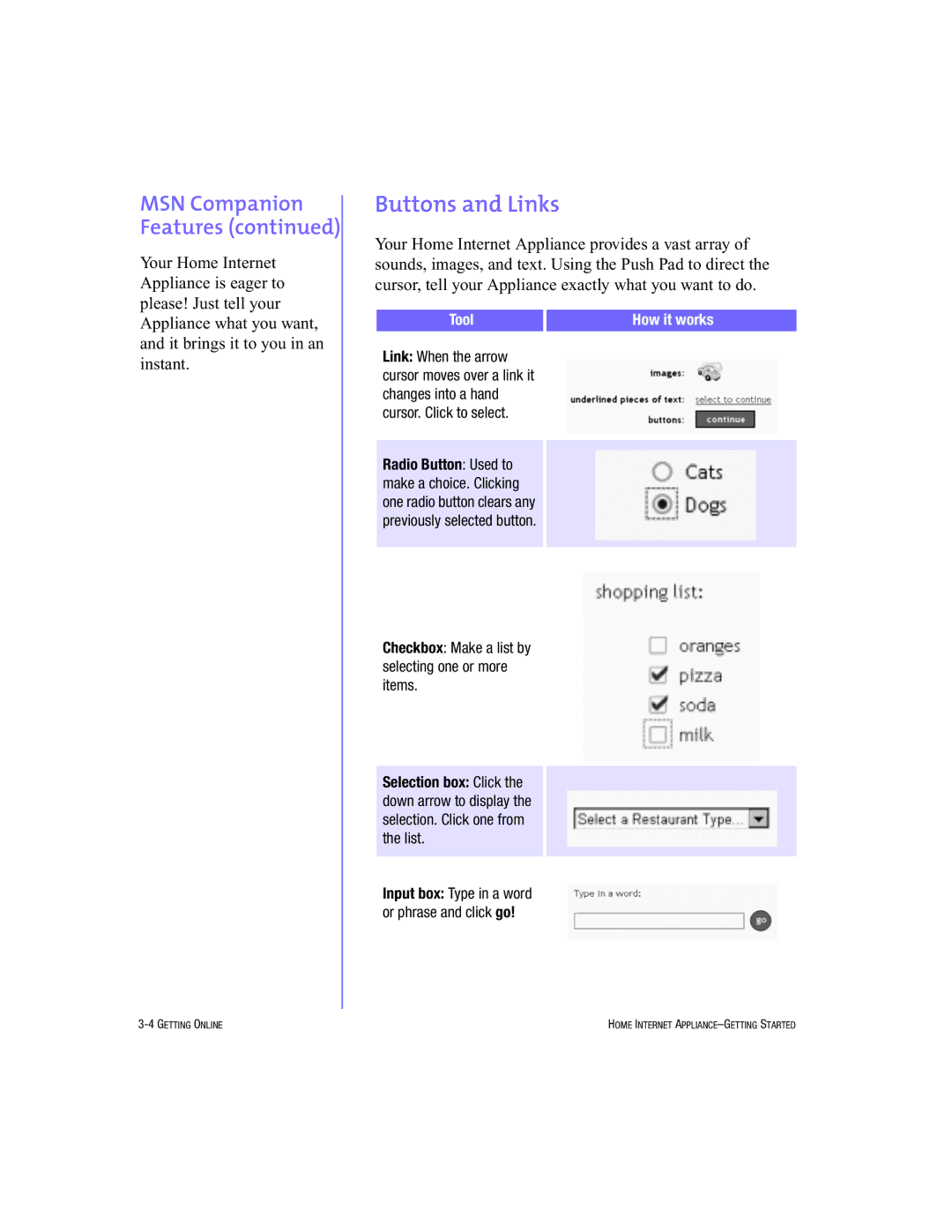 HP Internet Appliances manual Buttons and Links, Tool How it works 