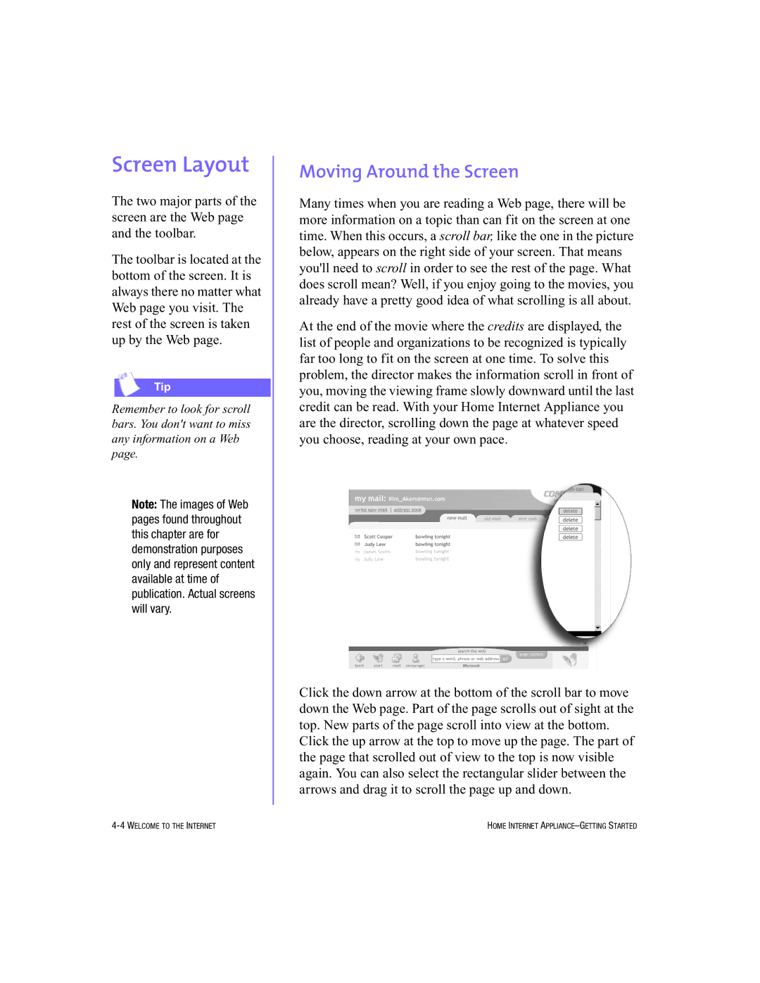 HP Internet Appliances manual Screen Layout, Moving Around the Screen 