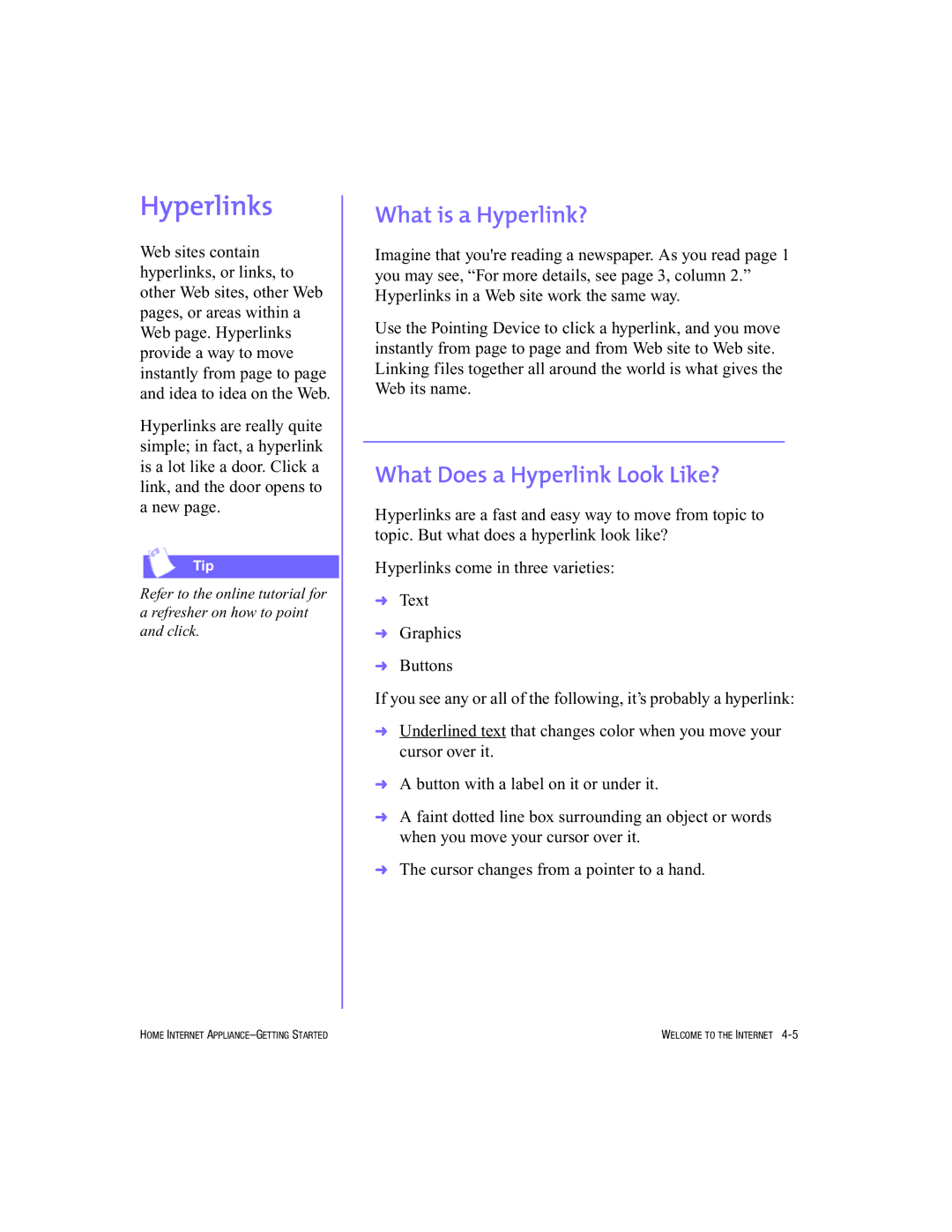 HP Internet Appliances manual Hyperlinks, What is a Hyperlink?, What Does a Hyperlink Look Like? 