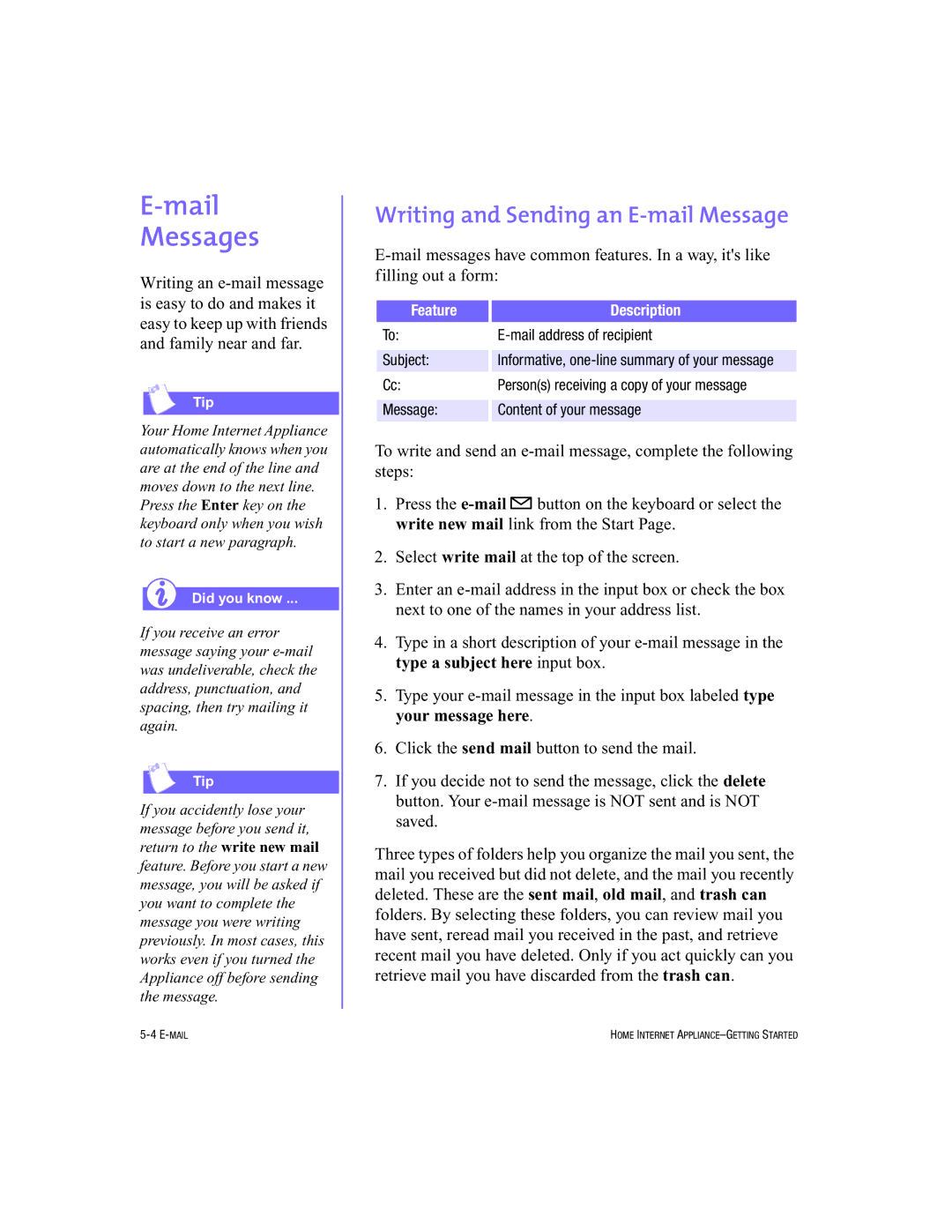 HP Internet Appliances manual Mail Messages, Writing and Sending an E-mail Message, Feature Description 