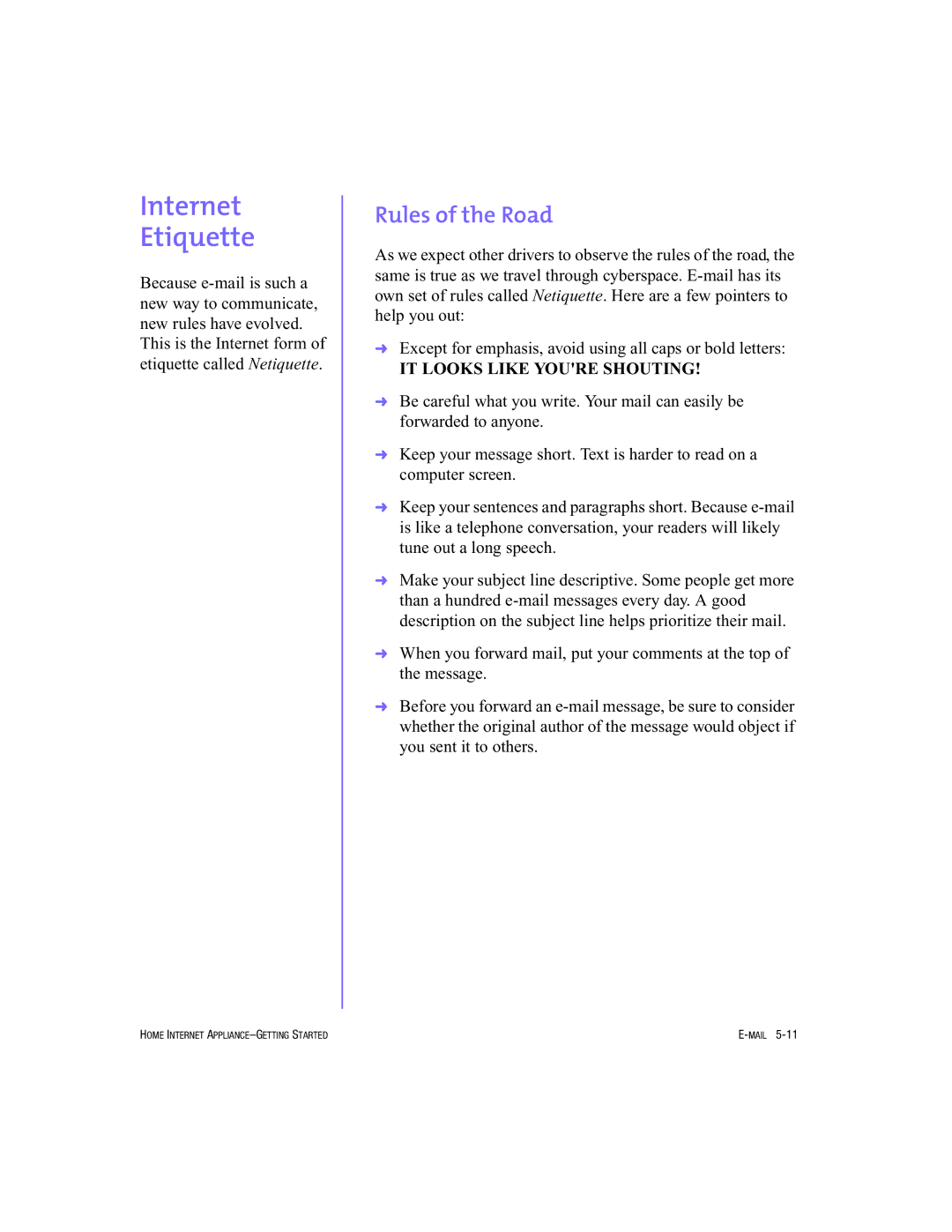 HP Internet Appliances manual Internet Etiquette, Rules of the Road 