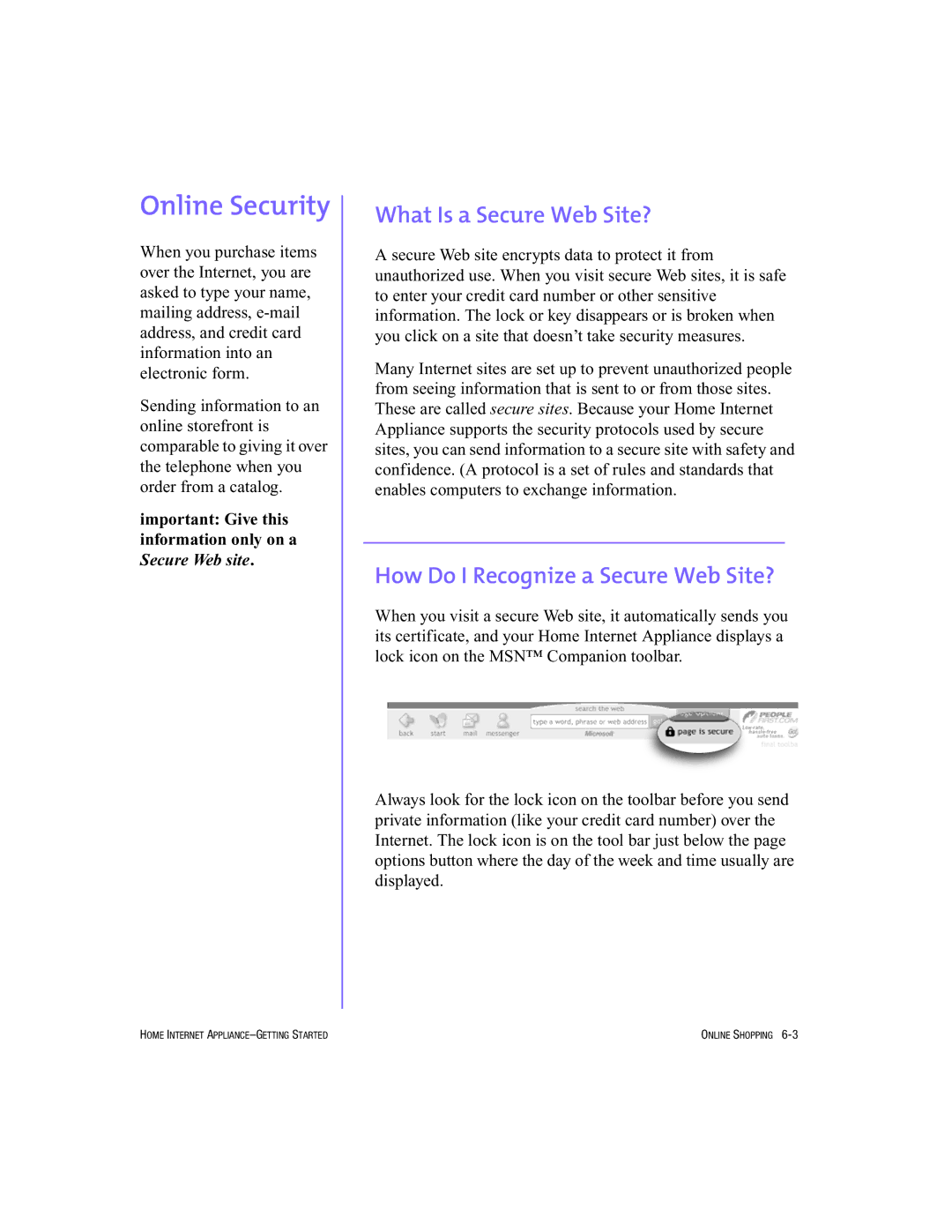 HP Internet Appliances manual Online Security, What Is a Secure Web Site?, How Do I Recognize a Secure Web Site? 