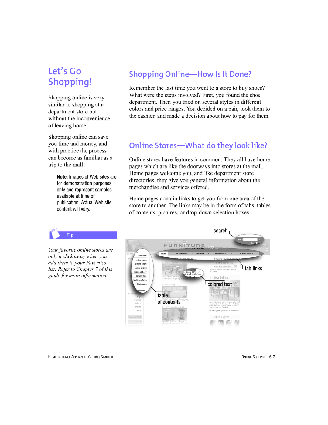 HP Internet Appliances manual Let’s Go Shopping, Shopping Online-How Is It Done?, Online Stores-What do they look like? 