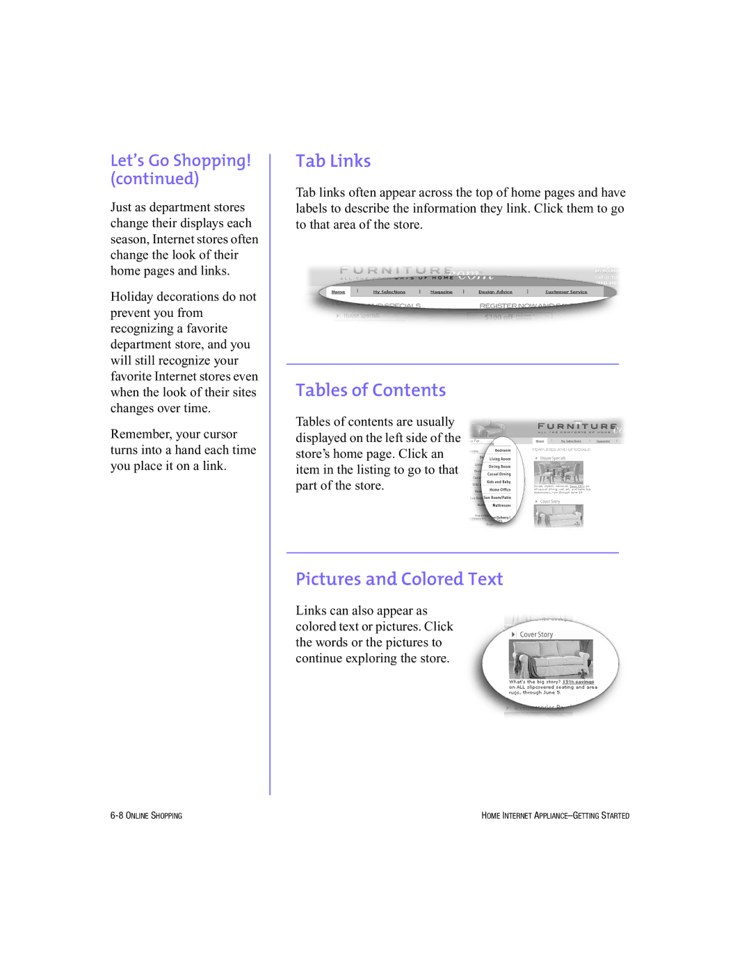 HP Internet Appliances manual Tab Links, Tables of Contents, Pictures and Colored Text 