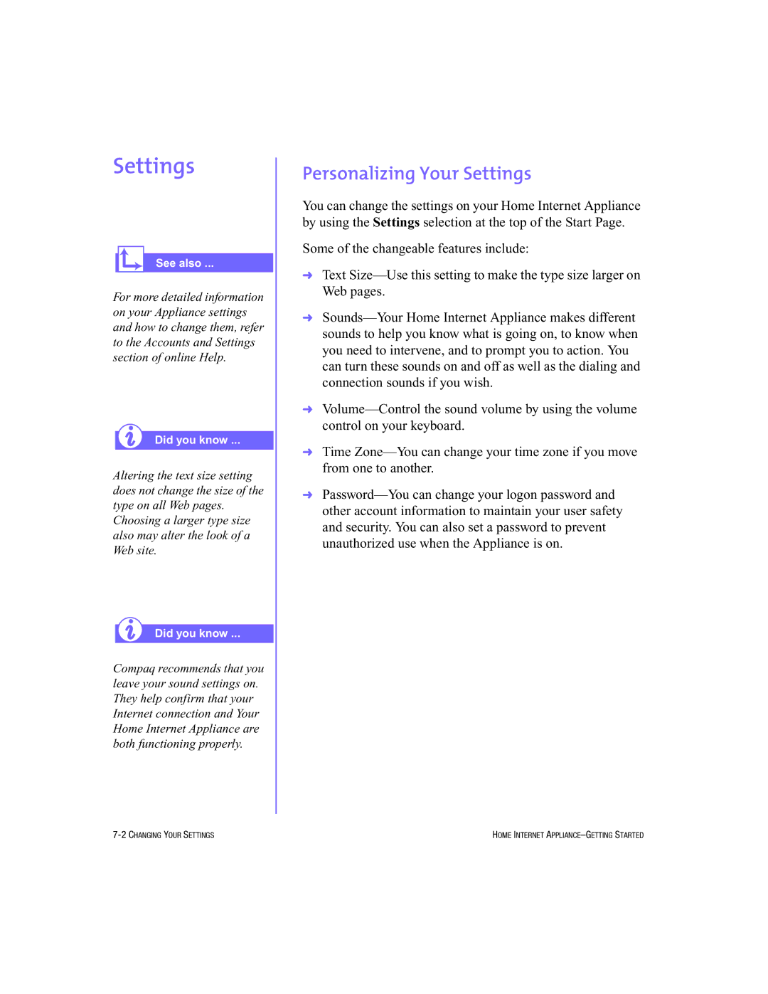 HP Internet Appliances manual Personalizing Your Settings 