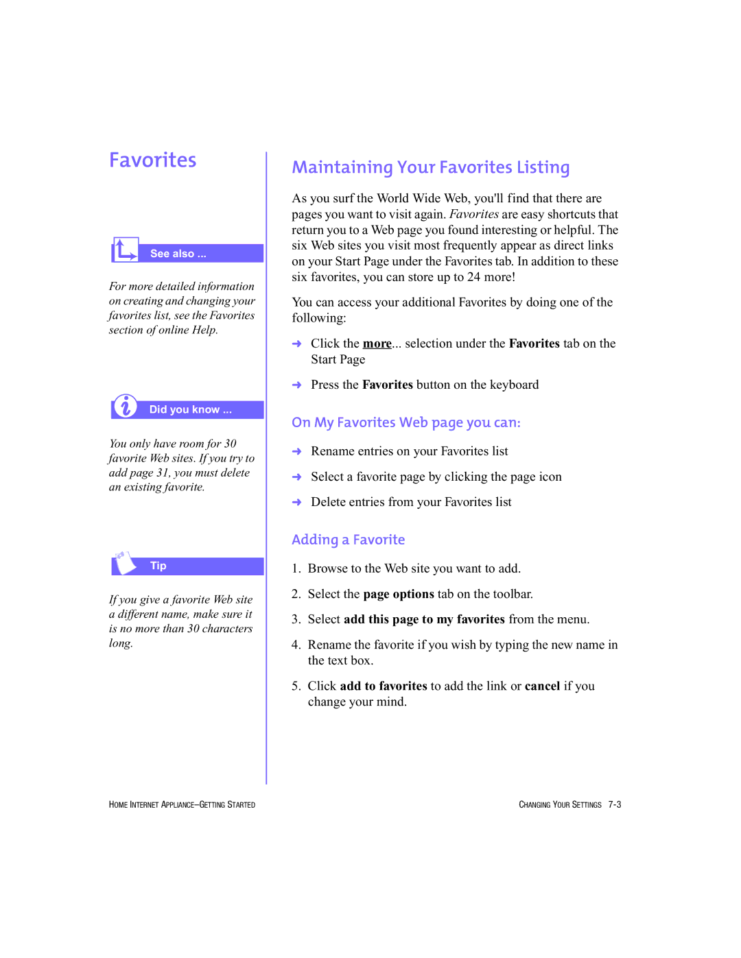 HP Internet Appliances manual Maintaining Your Favorites Listing 