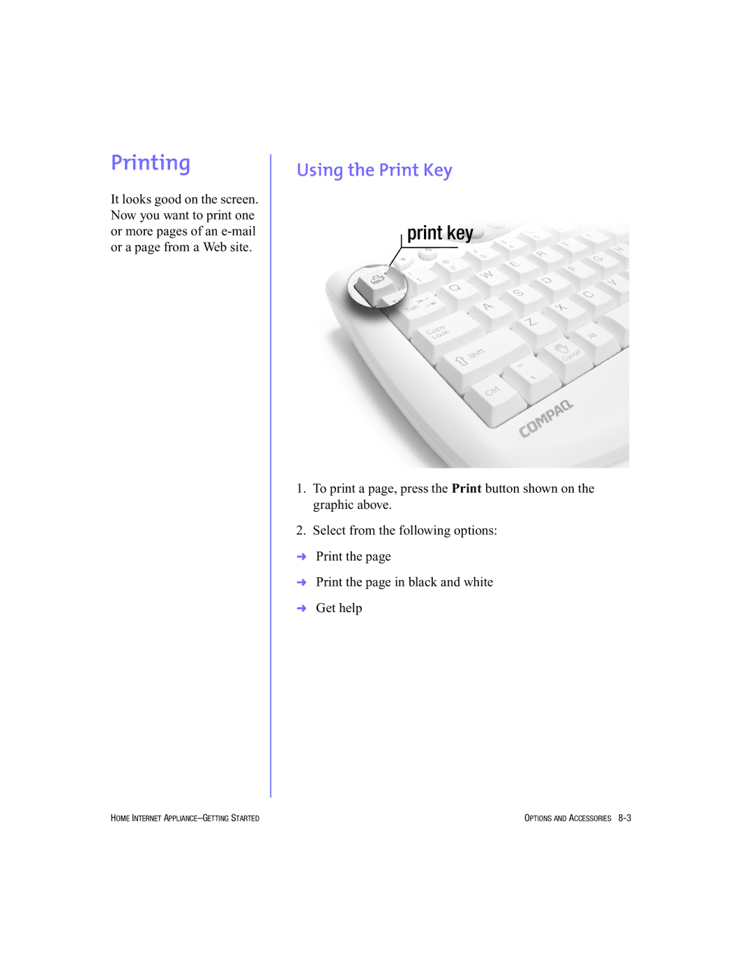 HP Internet Appliances manual Printing, Using the Print Key 