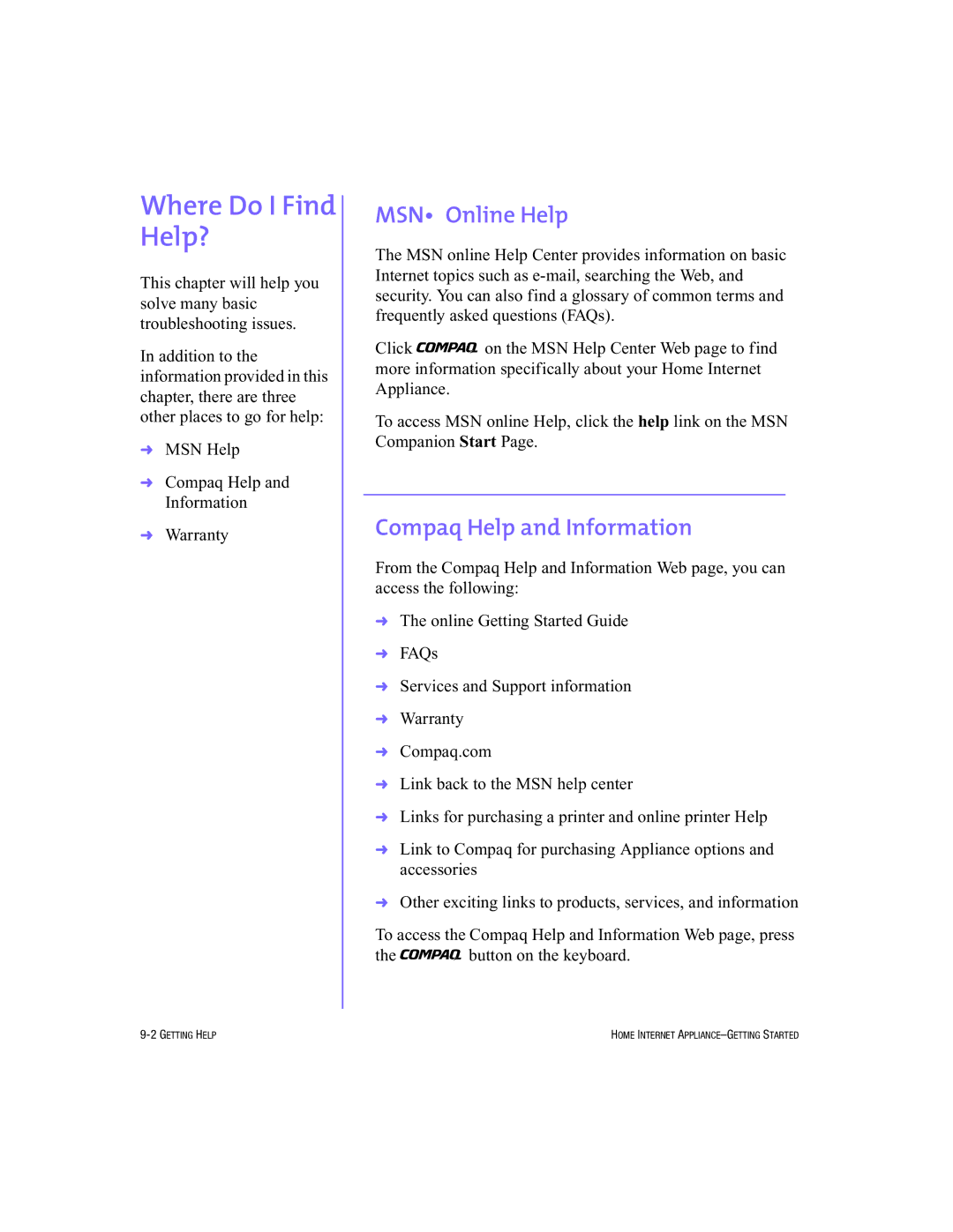 HP Internet Appliances manual Where Do I Find Help?, MSN Online Help, Compaq Help and Information 