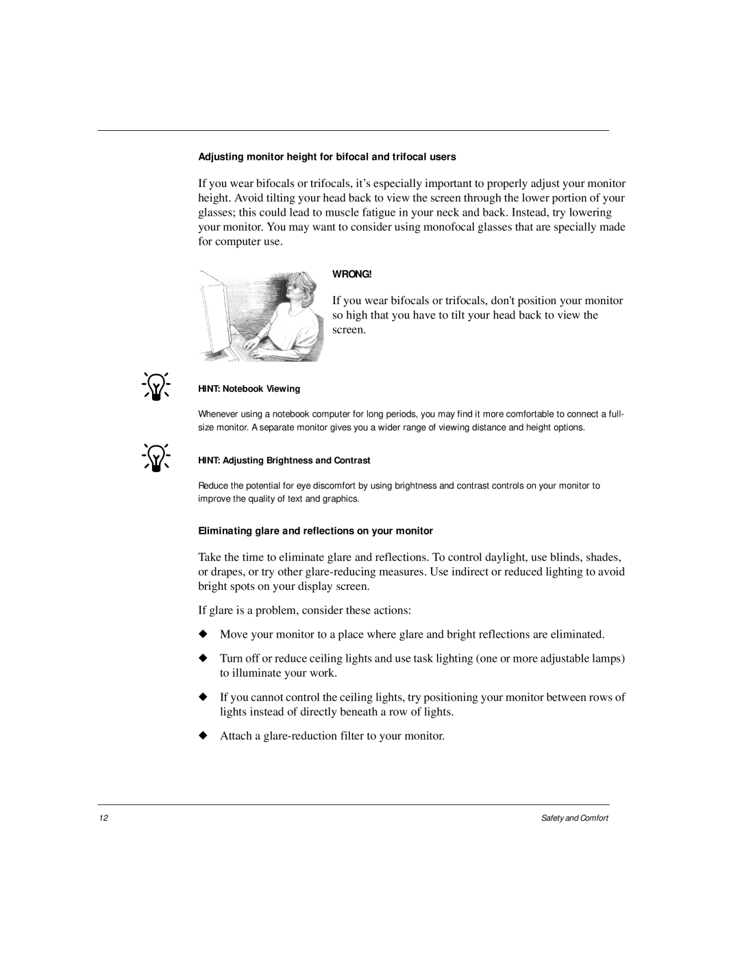 HP Internet Appliances manual Adjusting monitor height for bifocal and trifocal users, Hint Notebook Viewing 