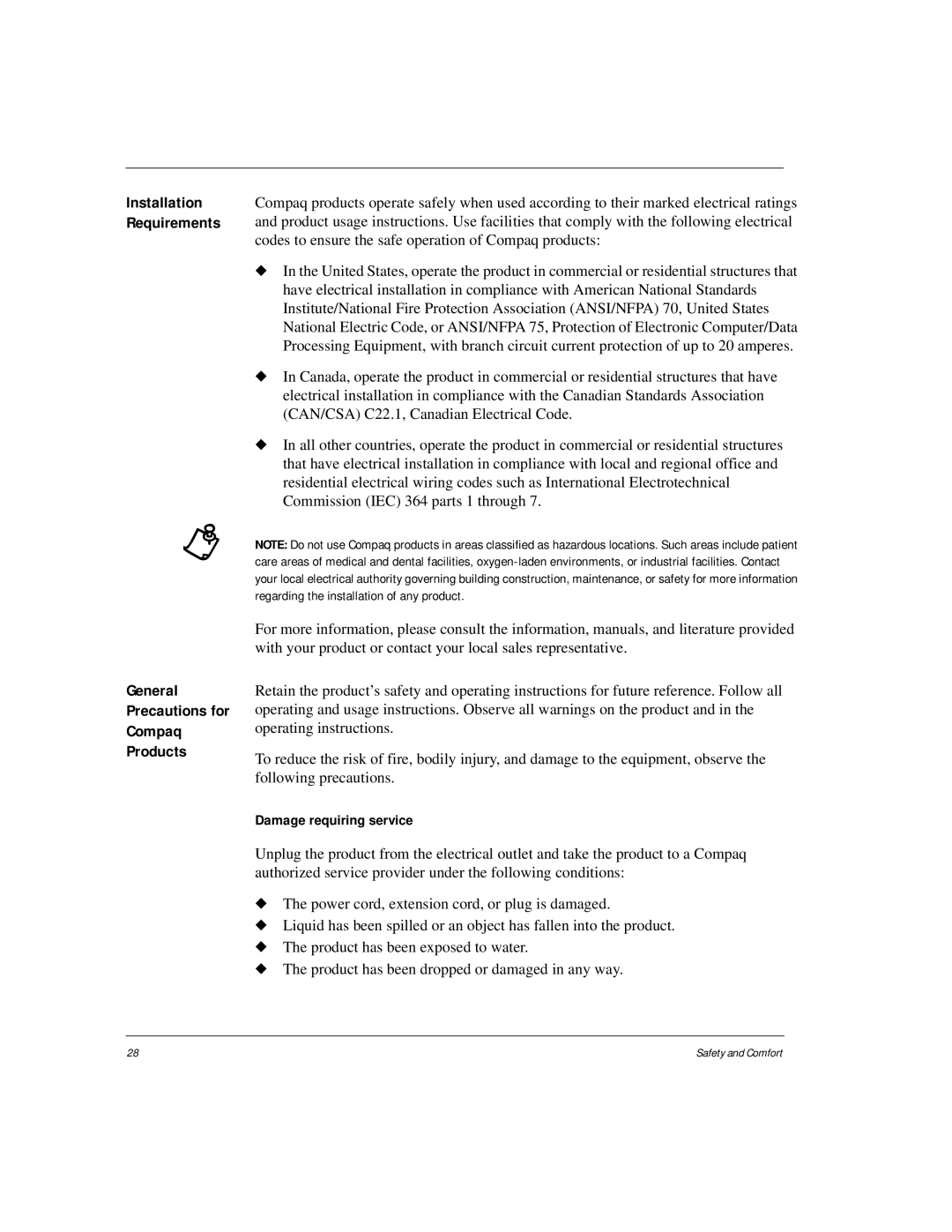 HP Internet Appliances manual General Precautions for Compaq Products, Damage requiring service, Installation Requirements 