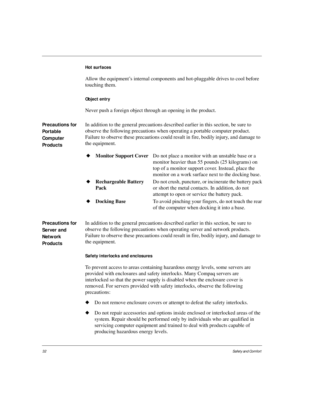 HP Internet Appliances manual Precautions for Portable Computer Products, Precautions for Server and Network Products 