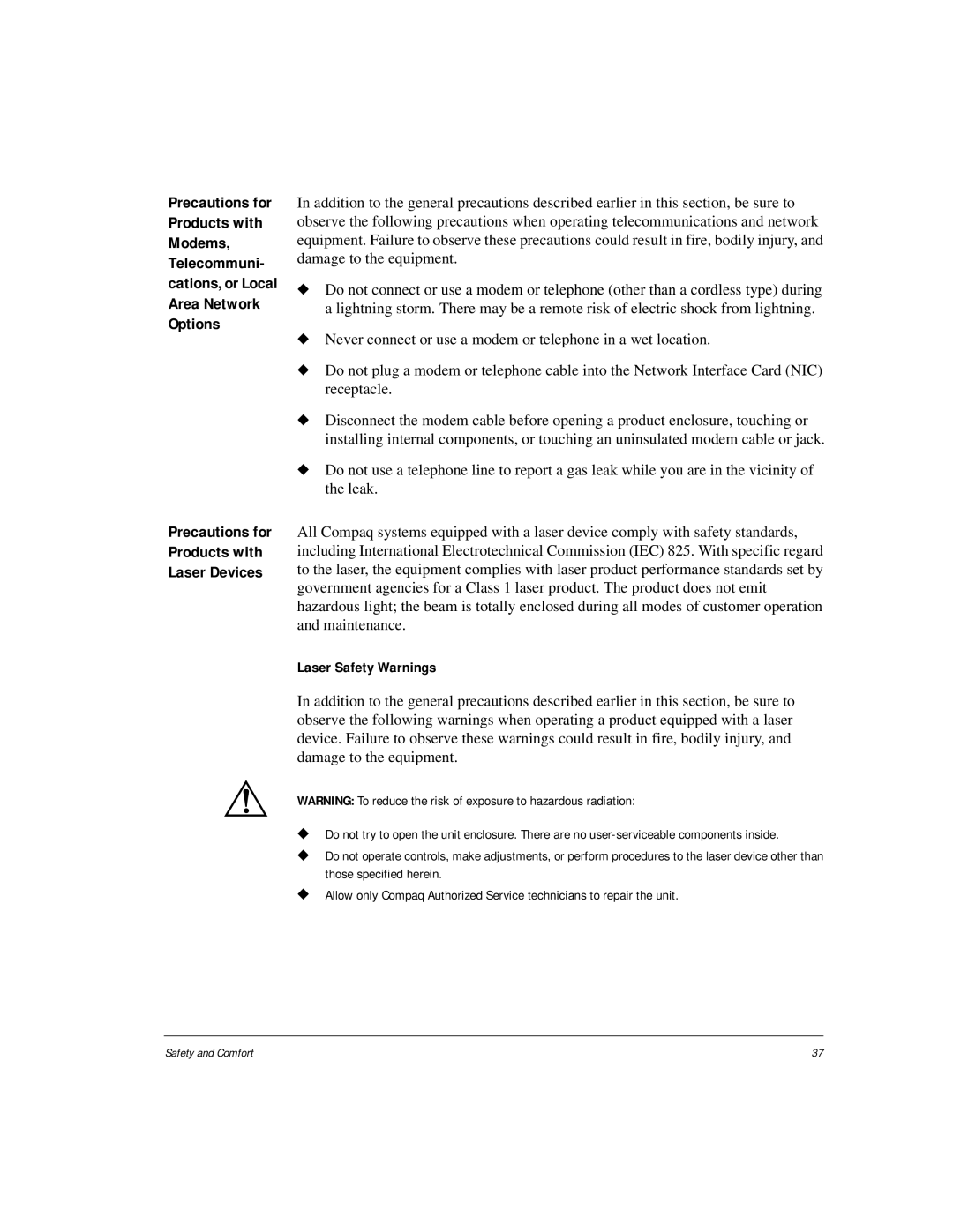 HP Internet Appliances manual Laser Safety Warnings 