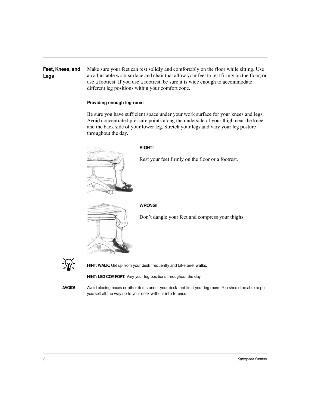 HP Internet Appliances manual Feet, Knees, and Legs, Providing enough leg room 