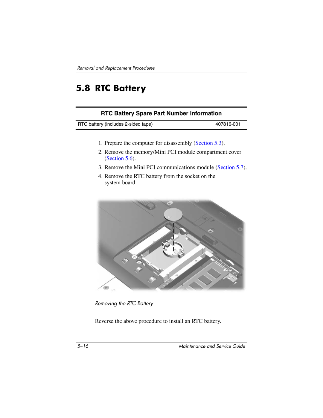 HP invent, 405501-001 manual RTC Battery Spare Part Number Information 