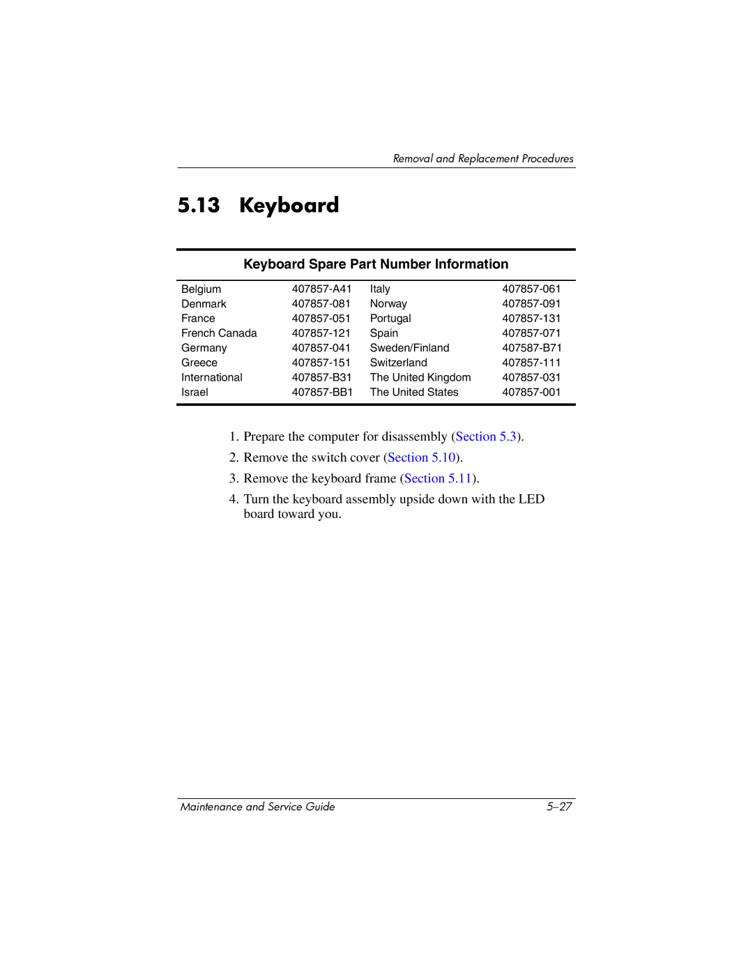 HP 405501-001, invent manual Keyboard Spare Part Number Information 