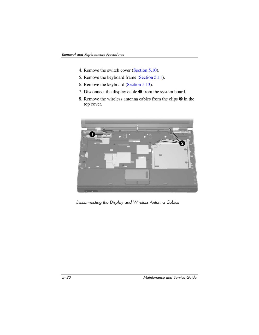 HP invent, 405501-001 manual Disconnecting the Display and Wireless Antenna Cables 