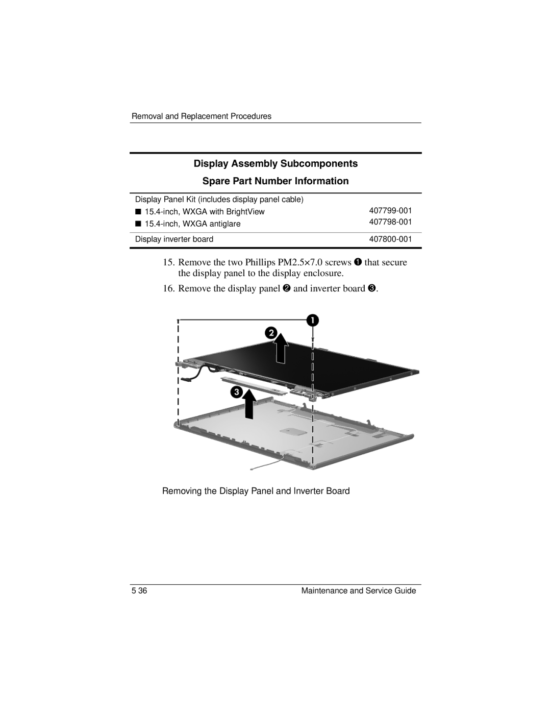 HP invent, 405501-001 manual Removing the Display Panel and Inverter Board 