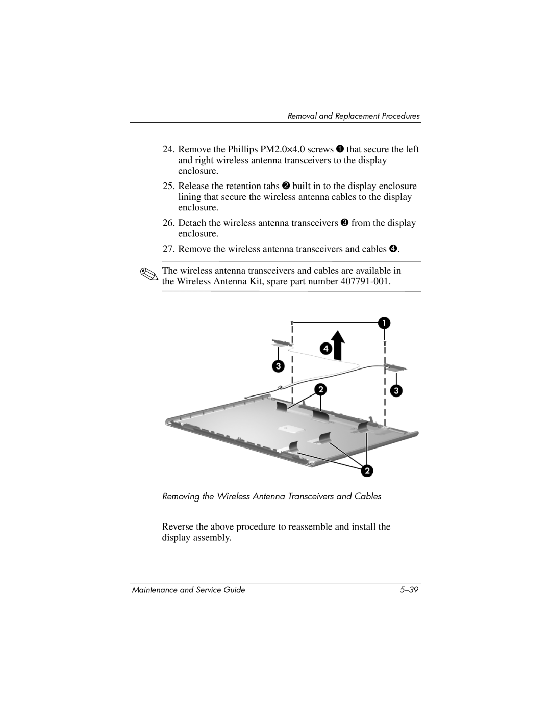 HP 405501-001, invent manual Removing the Wireless Antenna Transceivers and Cables 