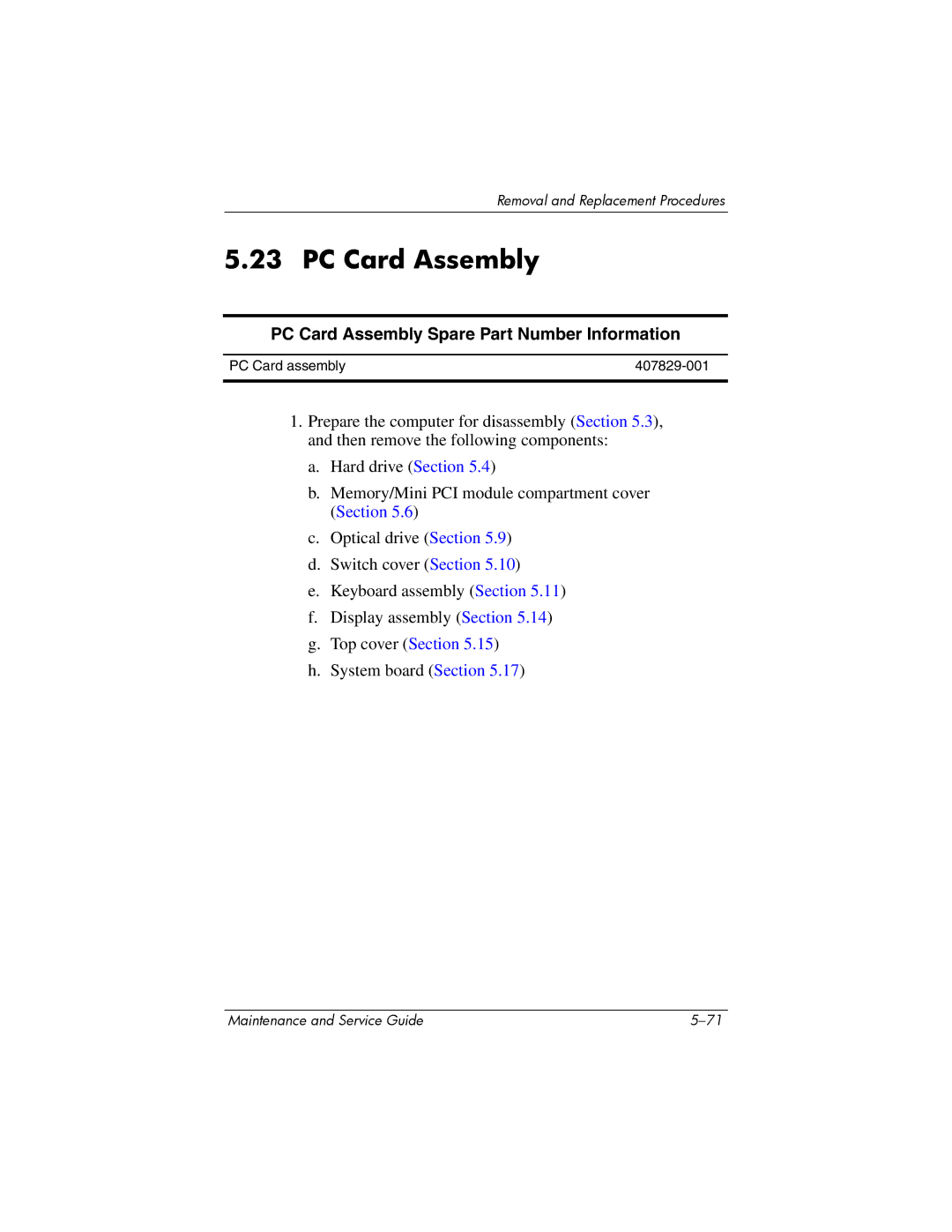 HP 405501-001, invent manual PC Card Assembly Spare Part Number Information 