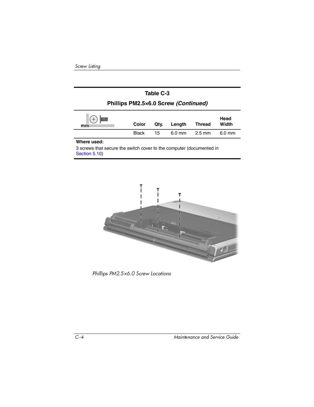 HP invent, 405501-001 manual Table C-3 Phillips PM2.5×6.0 Screw 