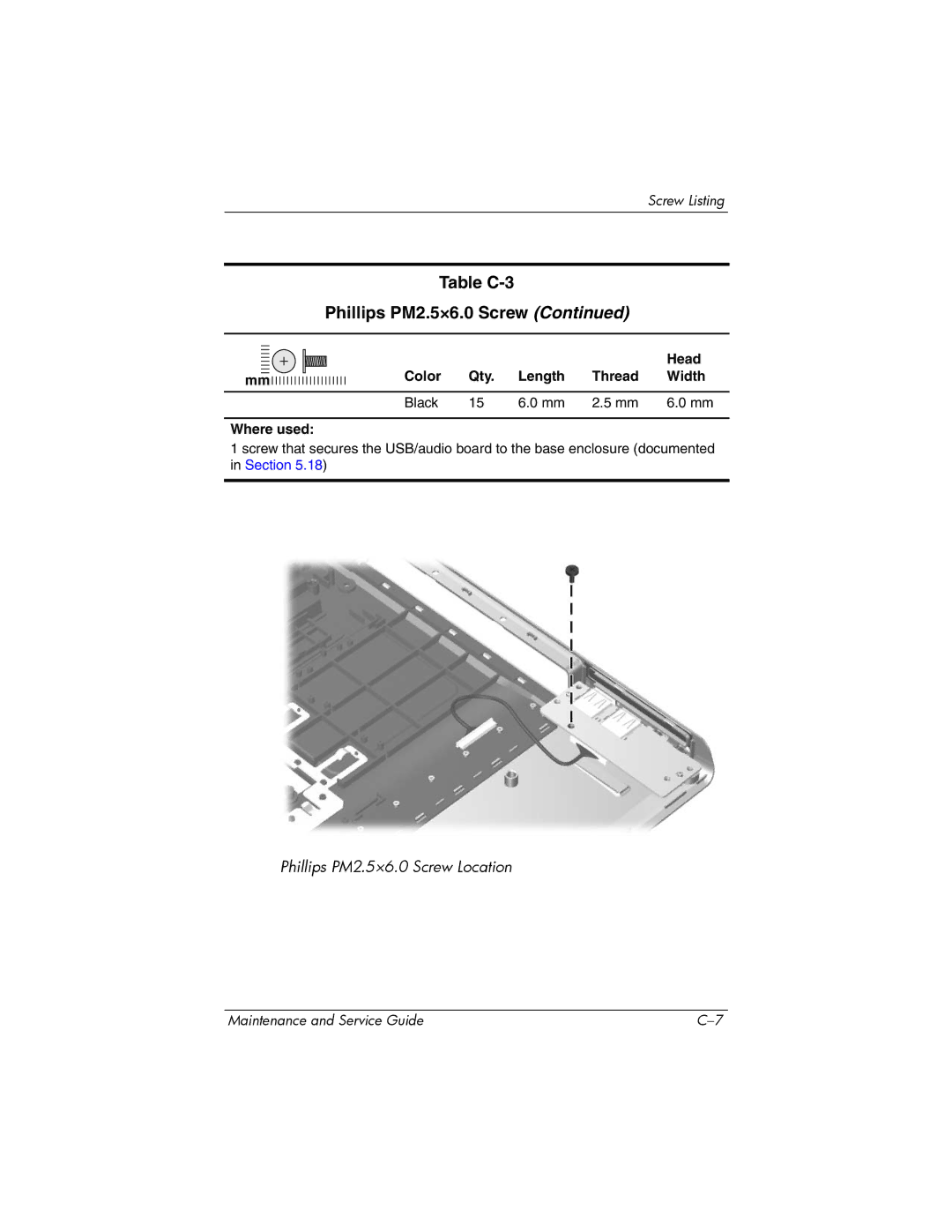 HP 405501-001, invent manual Table C-3 Phillips PM2.5×6.0 Screw 