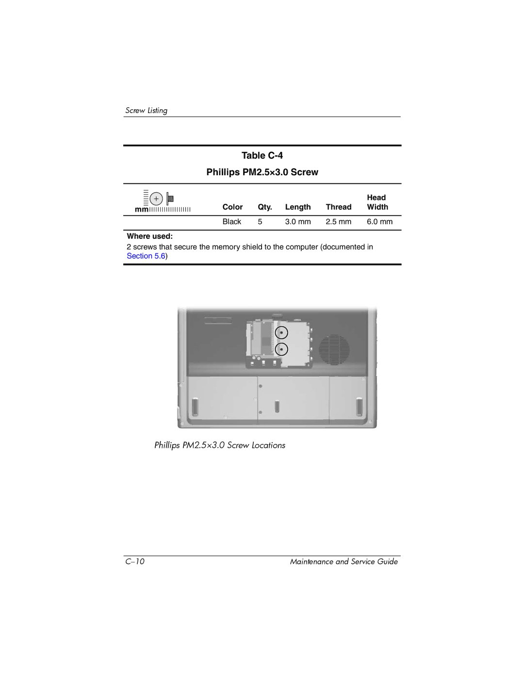 HP invent, 405501-001 manual Table C-4 Phillips PM2.5×3.0 Screw 