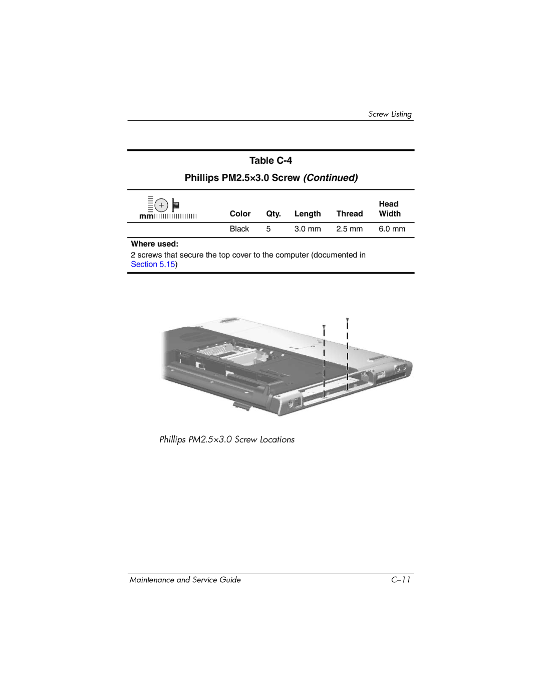 HP 405501-001, invent manual Table C-4 Phillips PM2.5×3.0 Screw 