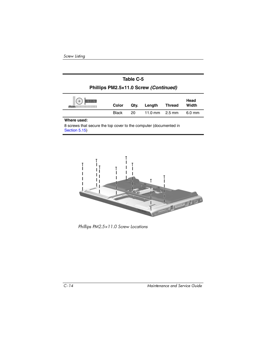 HP invent, 405501-001 manual Table C-5 Phillips PM2.5×11.0 Screw 