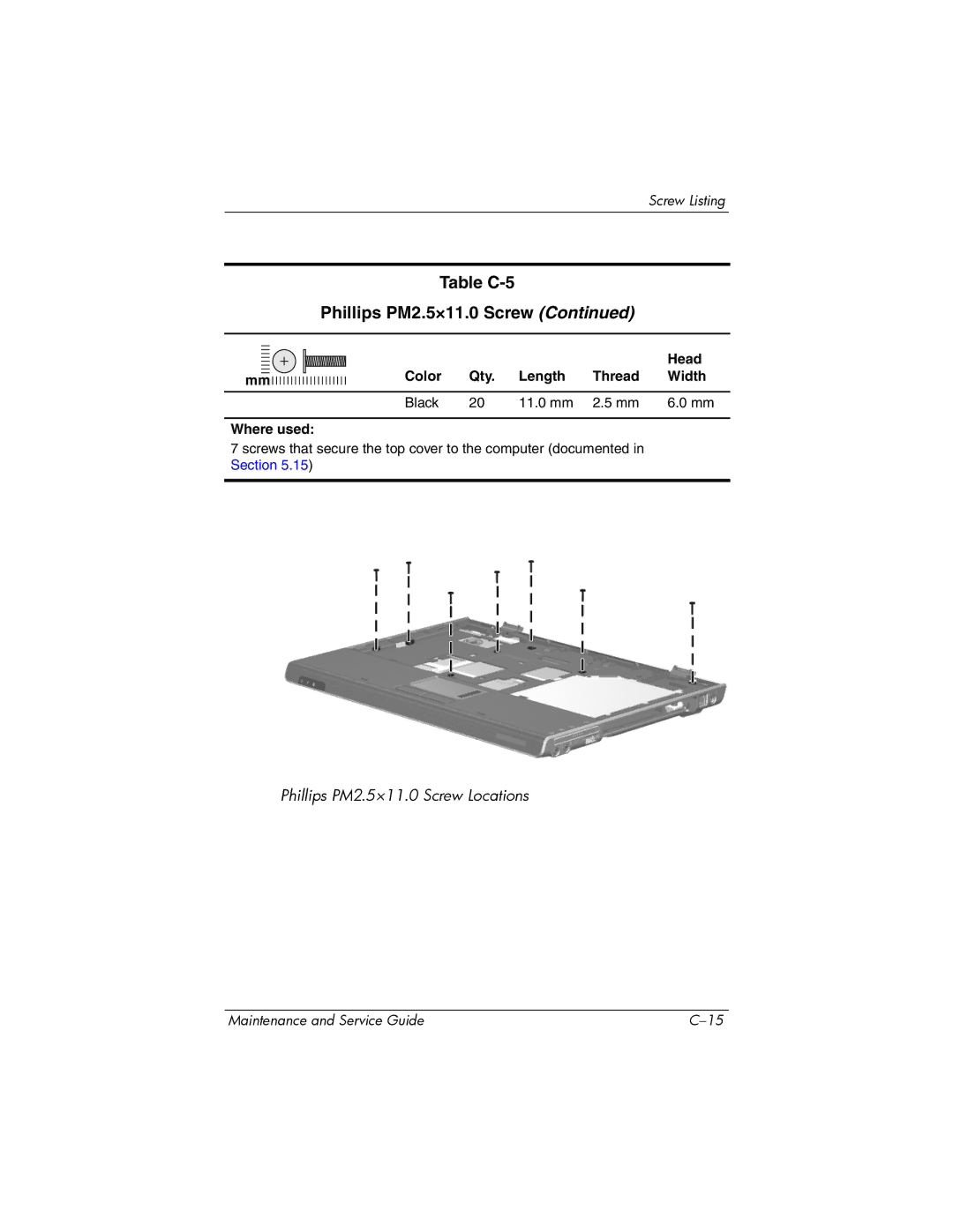 HP 405501-001, invent manual Table C-5 Phillips PM2.5×11.0 Screw 