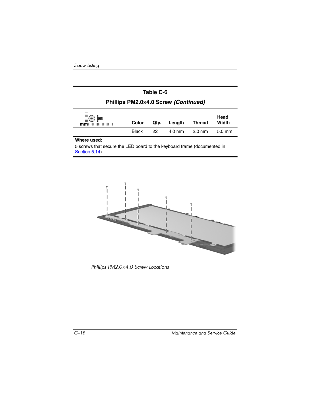 HP invent, 405501-001 manual Table C-6 Phillips PM2.0×4.0 Screw 