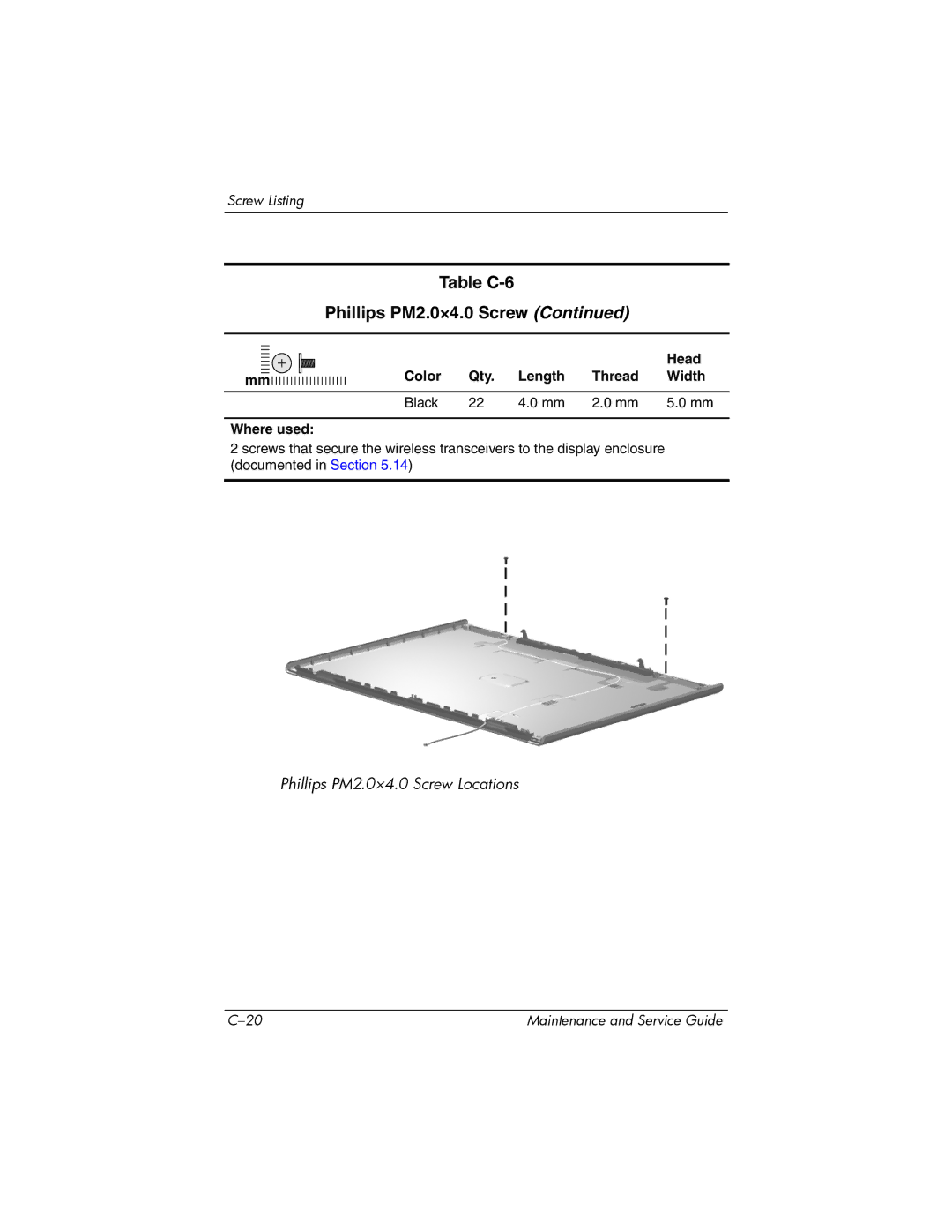 HP invent, 405501-001 manual Table C-6 Phillips PM2.0×4.0 Screw 