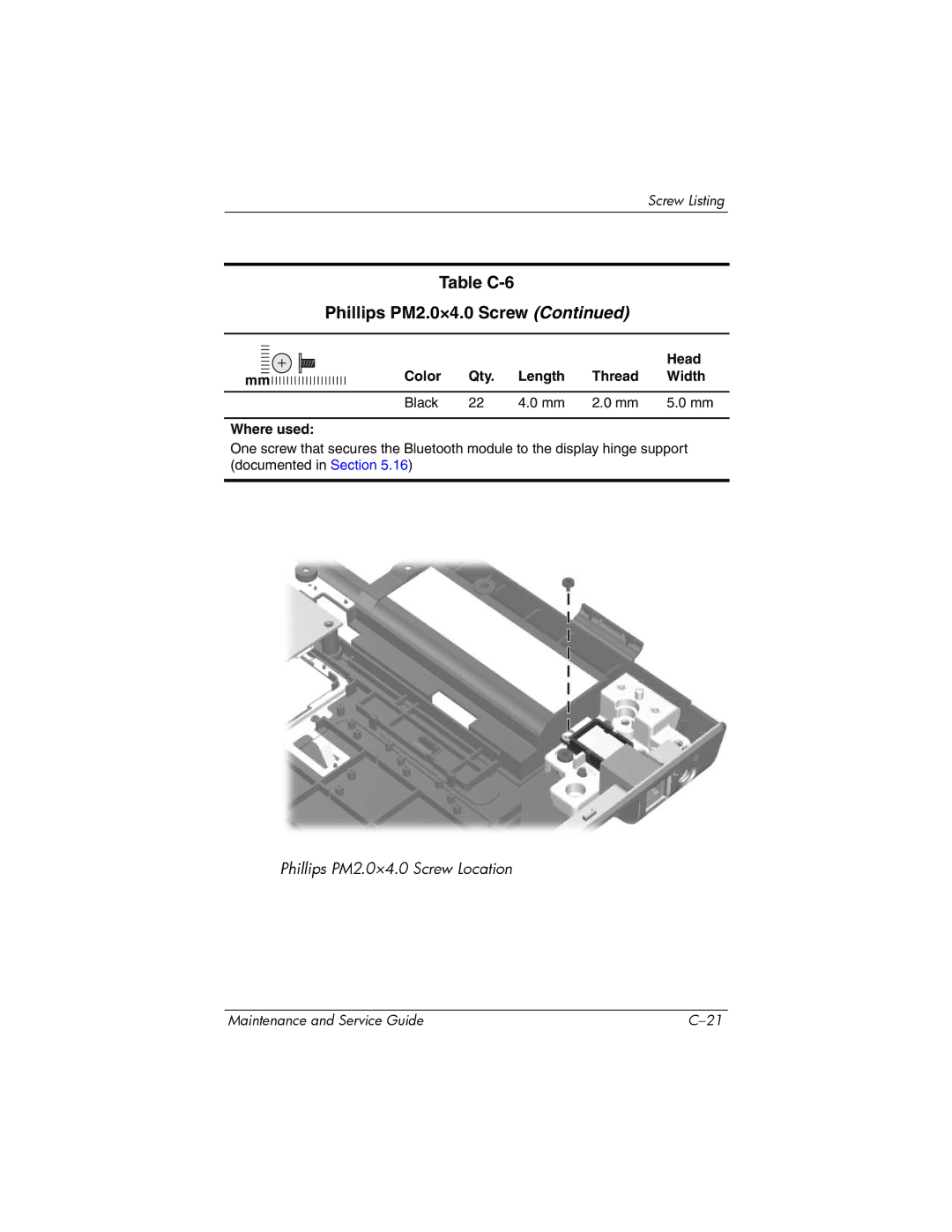 HP 405501-001, invent manual Phillips PM2.0×4.0 Screw Location 