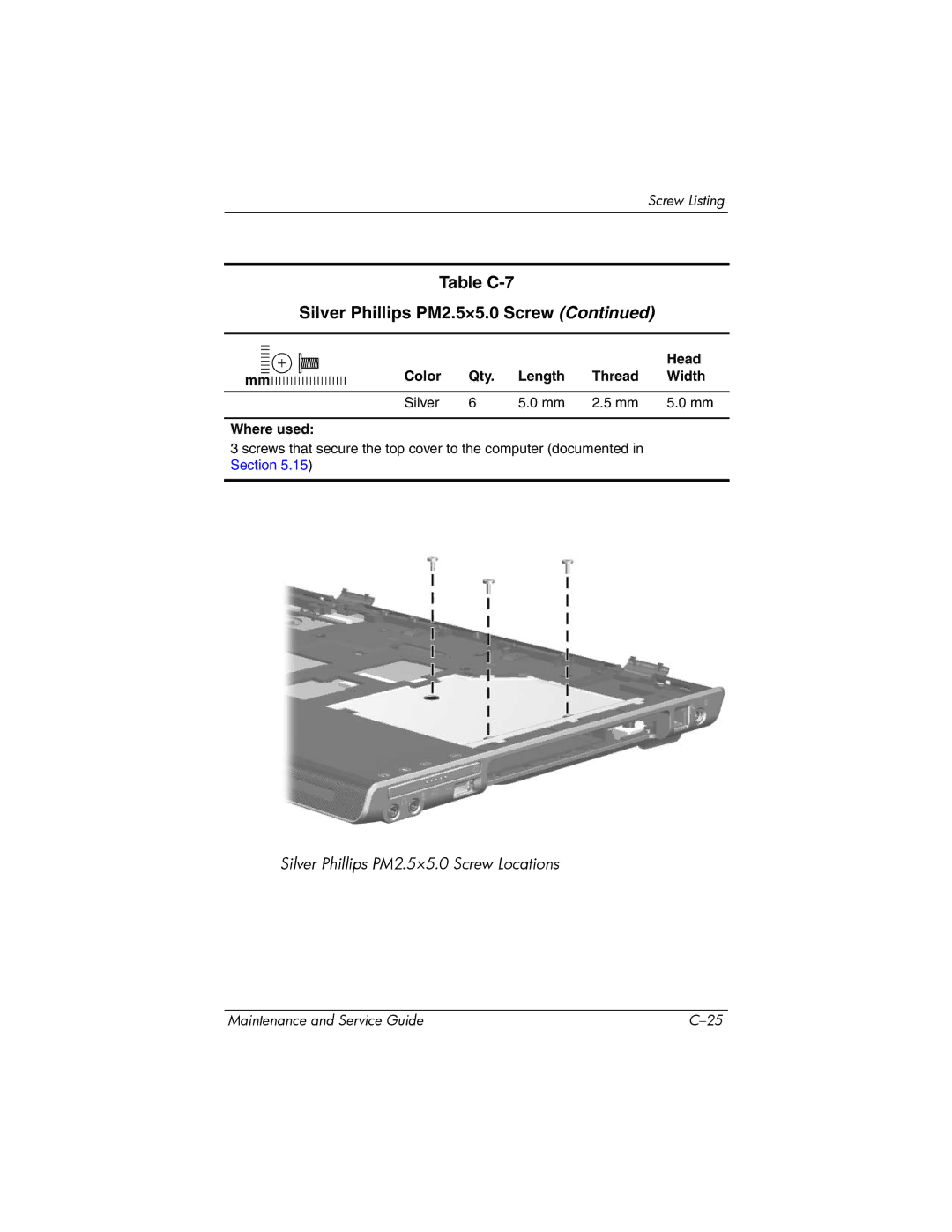 HP 405501-001, invent manual Table C-7 Silver Phillips PM2.5×5.0 Screw 