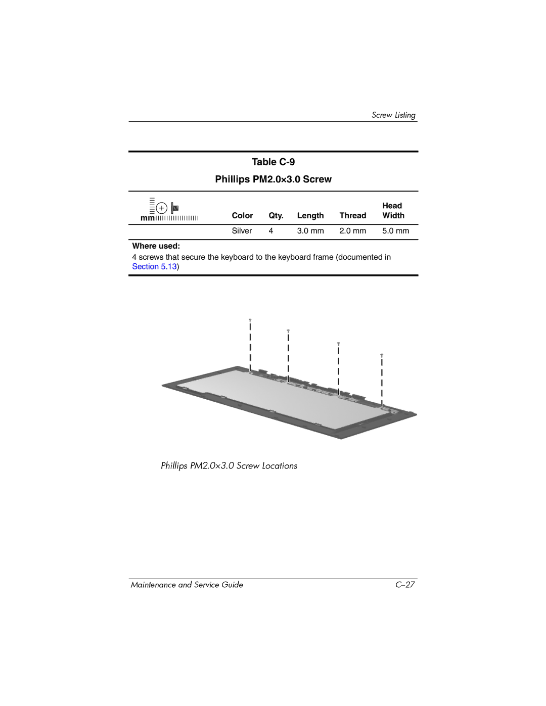 HP 405501-001, invent manual Table C-9 Phillips PM2.0×3.0 Screw 