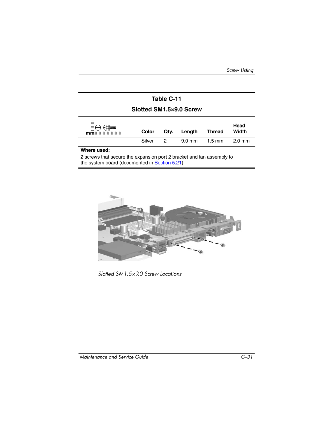 HP 405501-001, invent manual Table C-11 Slotted SM1.5×9.0 Screw 