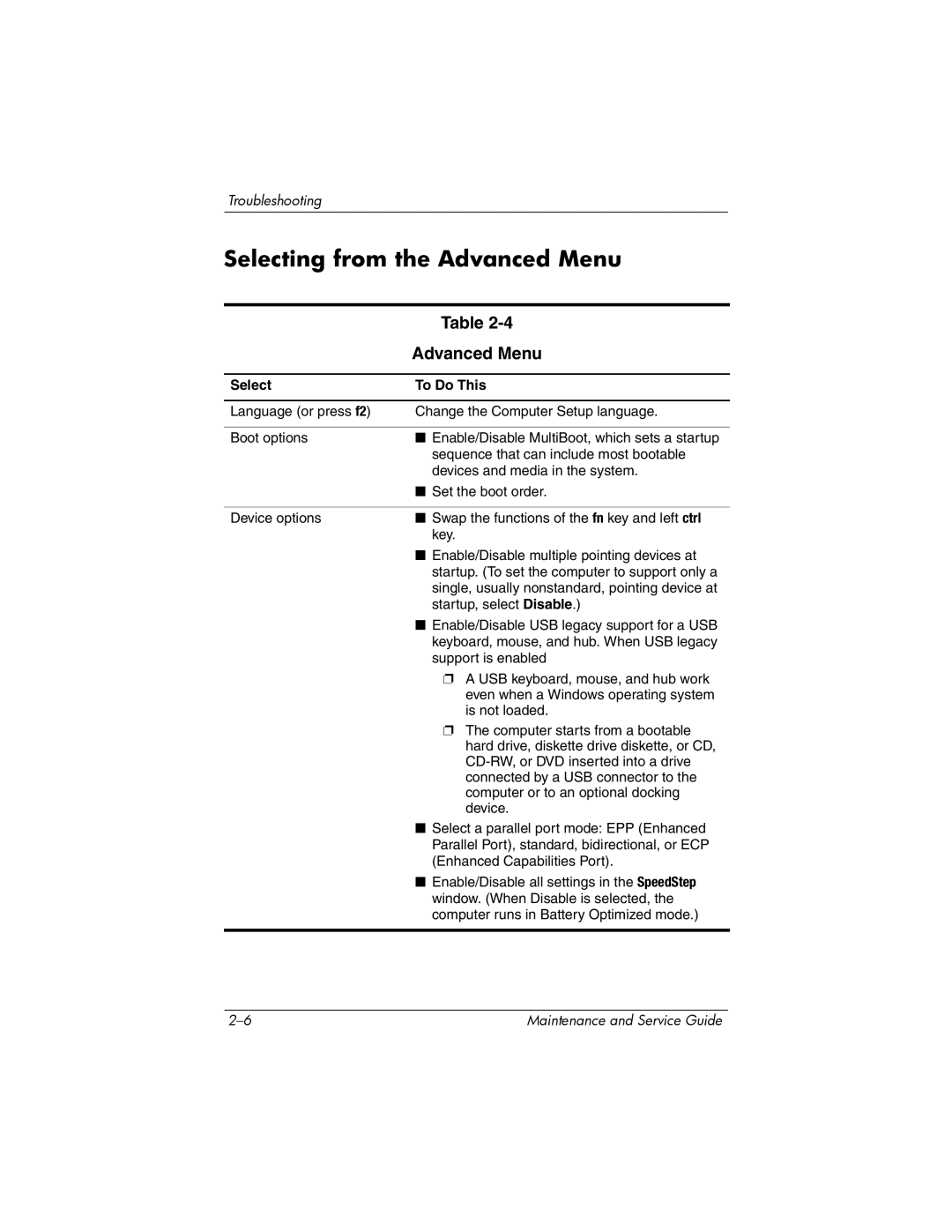 HP invent, 405501-001 manual Selecting from the Advanced Menu 